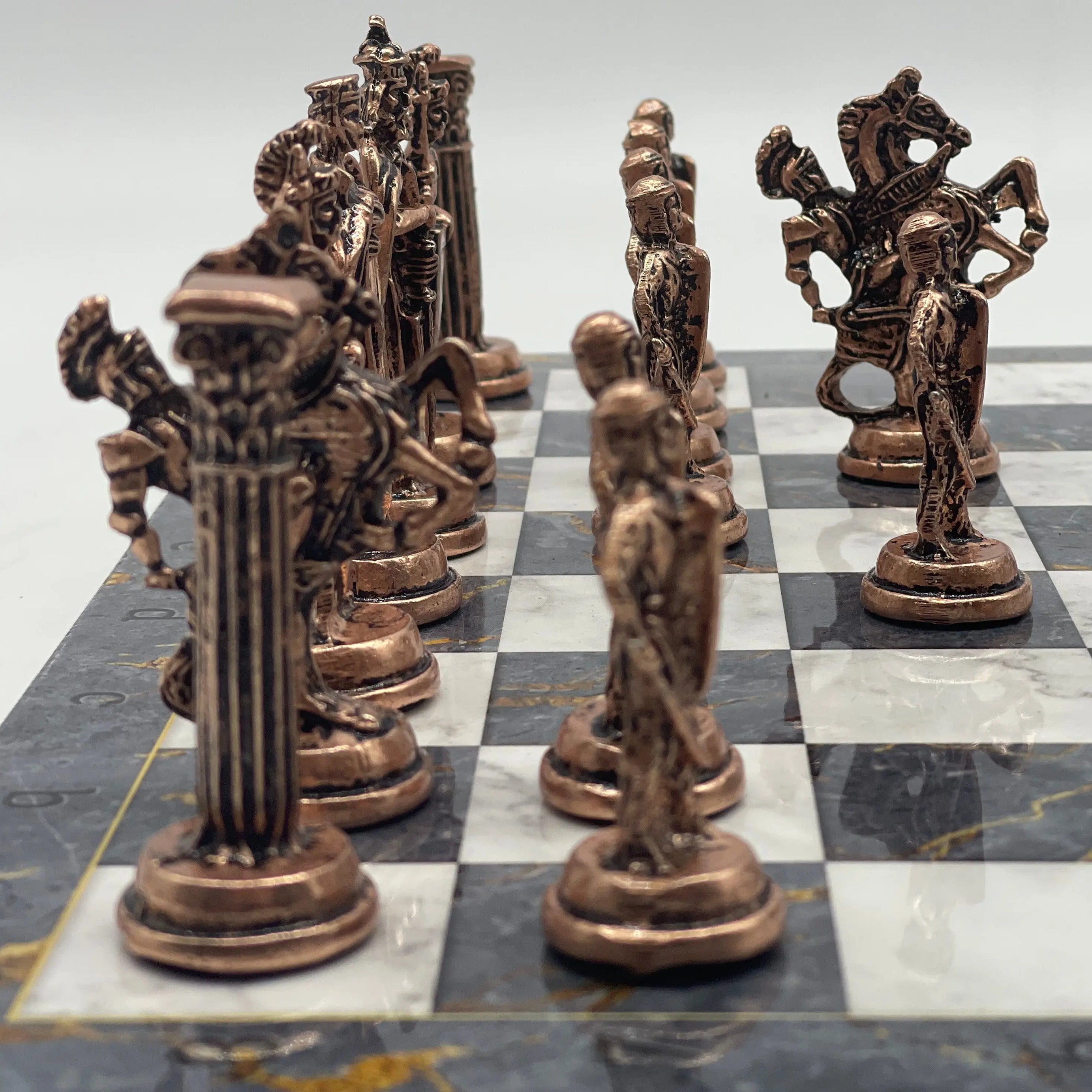 14.5" Handmade Gray Marble Pattern British Metal Pieces With Chess Set