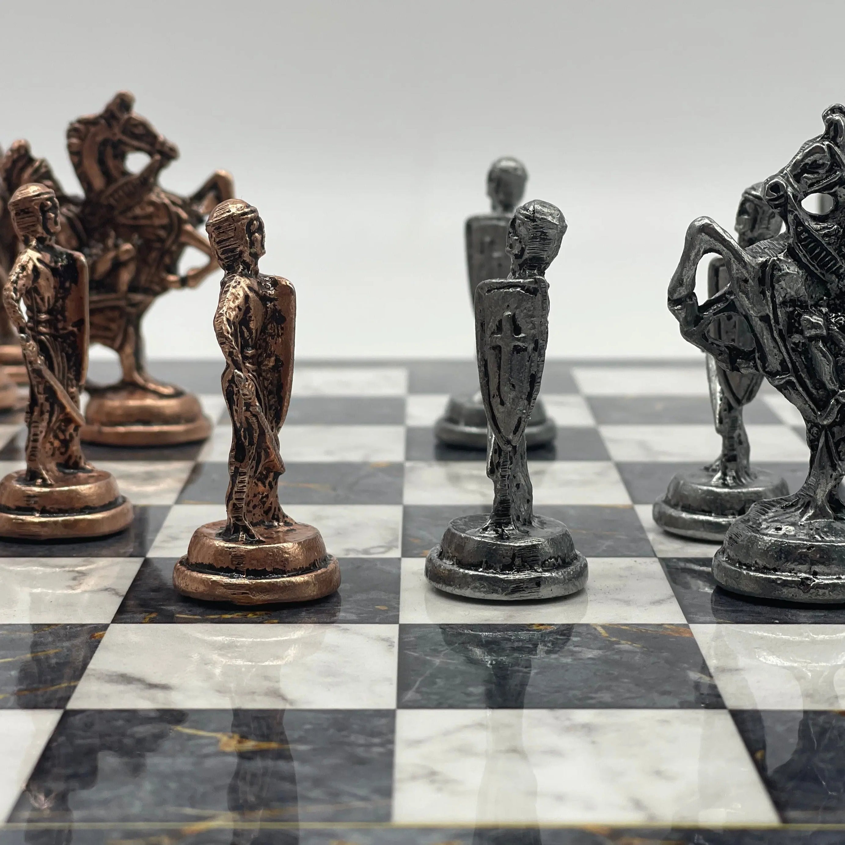 14.5" Handmade Gray Marble Pattern British Metal Pieces With Chess Set