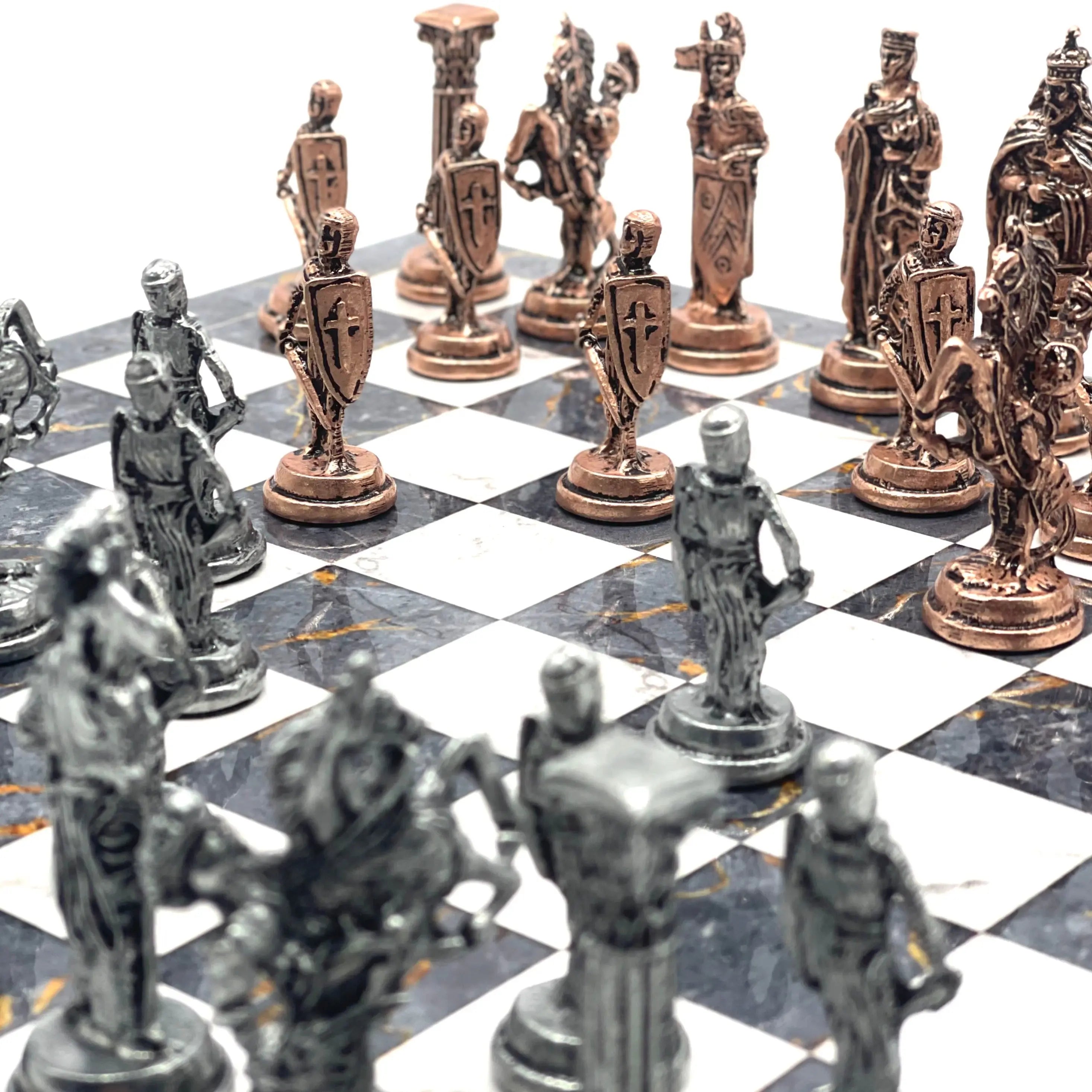 14.5" Handmade Gray Marble Pattern British Metal Pieces With Chess Set