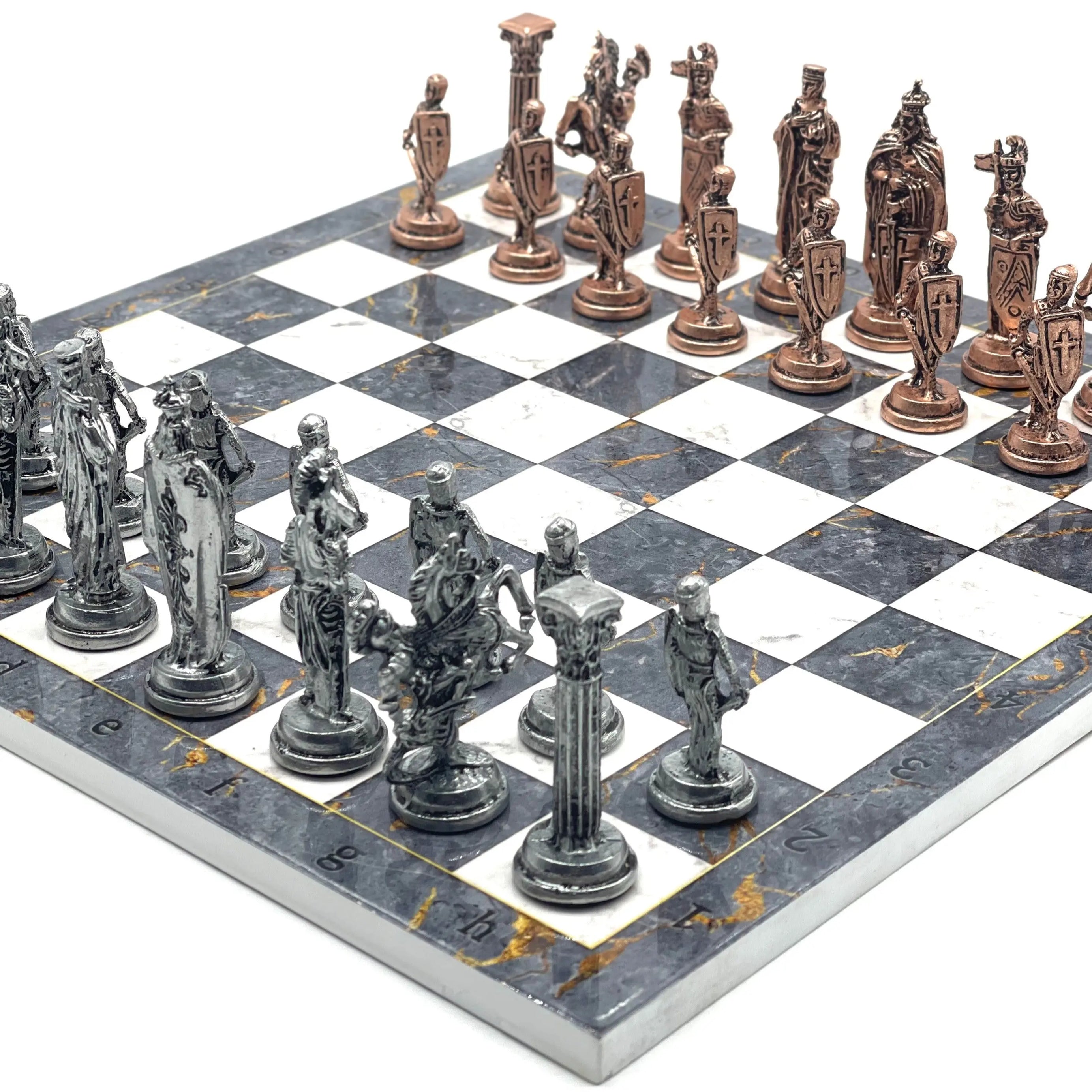 14.5" Handmade Gray Marble Pattern British Metal Pieces With Chess Set