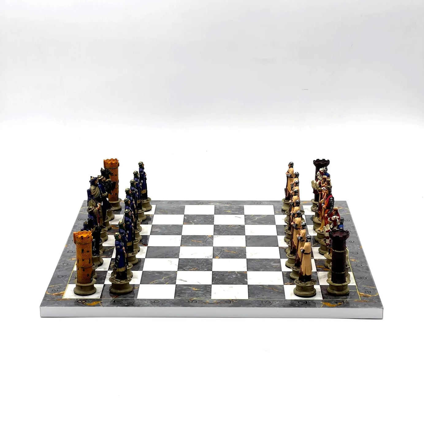 14" Gray Marble Pattern Chess Set With Crusaders Polyester Chess Pieces