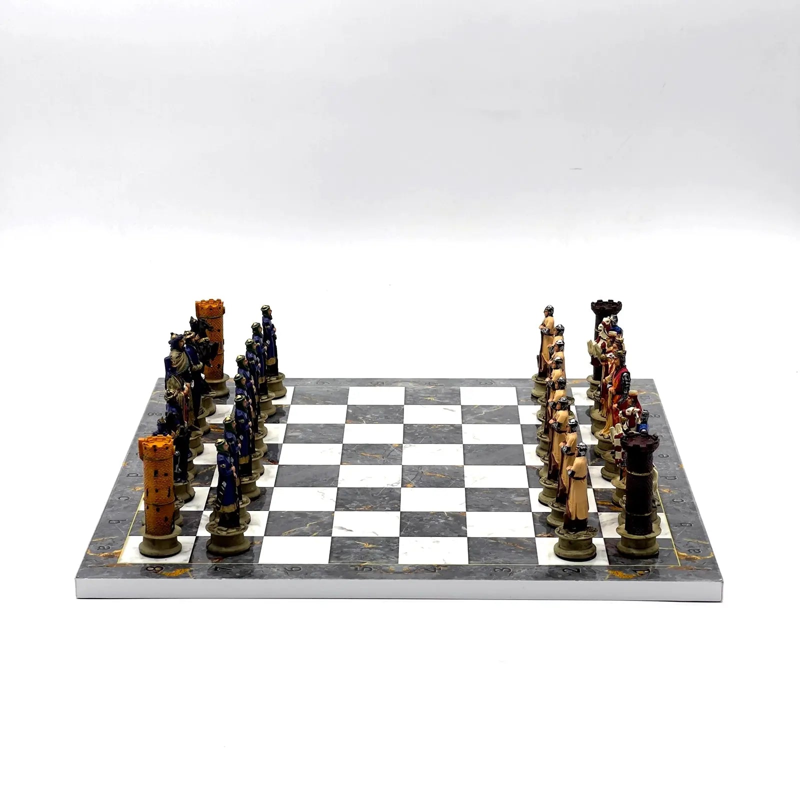 14" Gray Marble Pattern Chess Set With Crusaders Polyester Chess Pieces