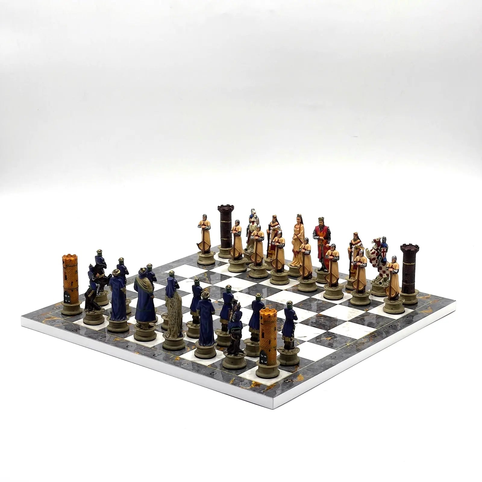 14" Gray Marble Pattern Chess Set With Crusaders Polyester Chess Pieces