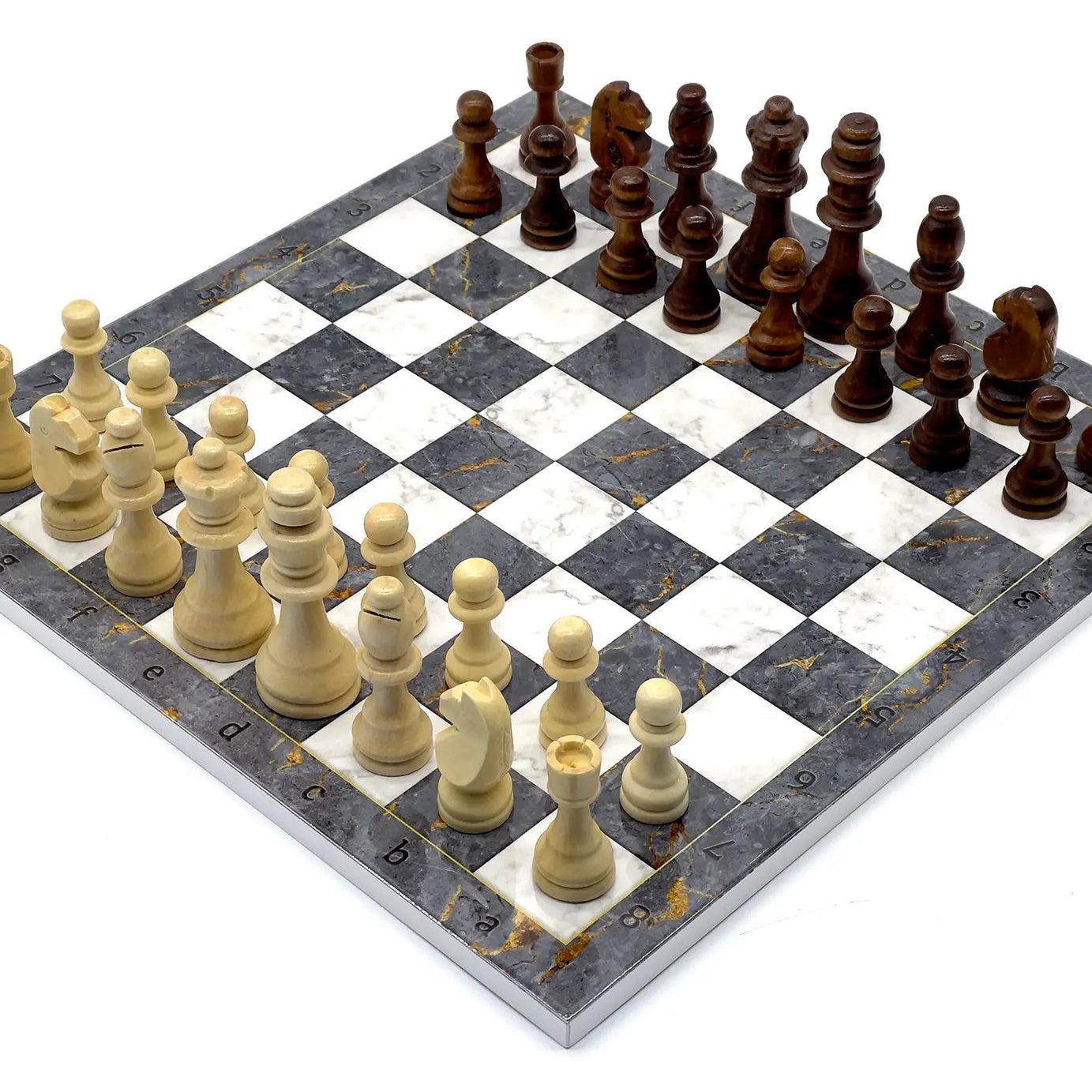 14" Gray Marble Pattern Wooden Set With Wooden Chess Pieces Set