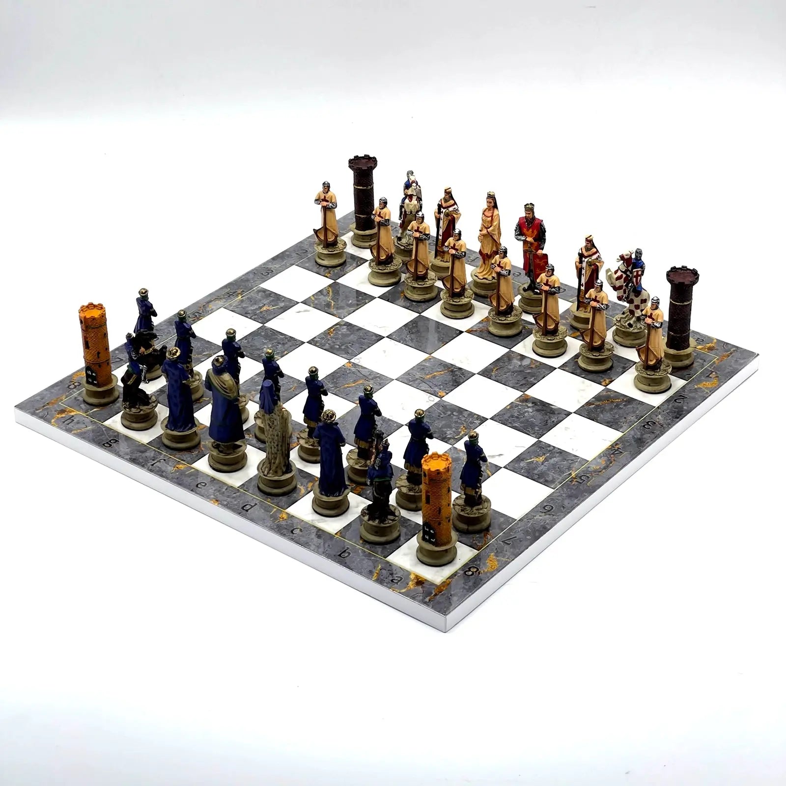 14" Gray Marble Pattern Chess Set With Crusaders Polyester Chess Pieces