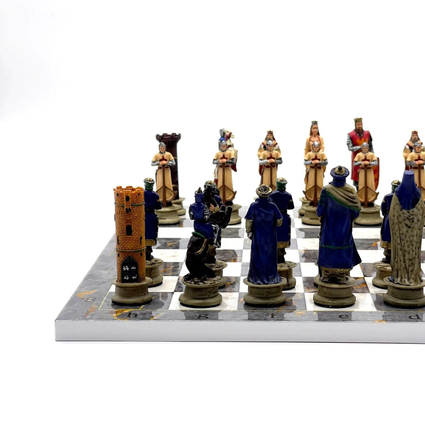 14" Gray Marble Pattern Chess Set With Crusaders Polyester Chess Pieces