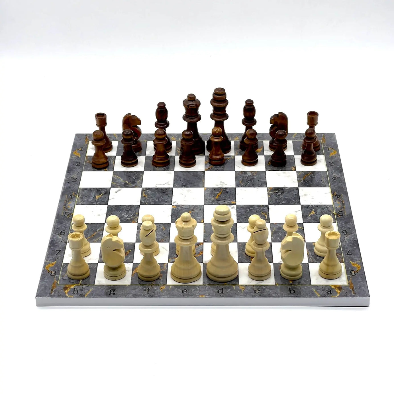 14" Gray Marble Pattern Wooden Set With Wooden Chess Pieces Set