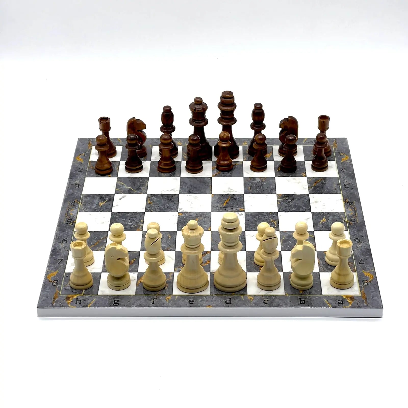 14" Gray Marble Pattern Wooden Set With Wooden Chess Pieces Set