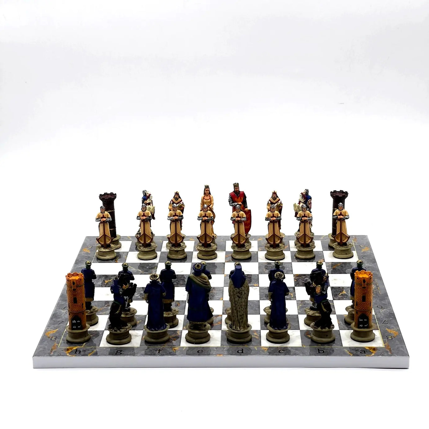 14" Gray Marble Pattern Chess Set With Crusaders Polyester Chess Pieces
