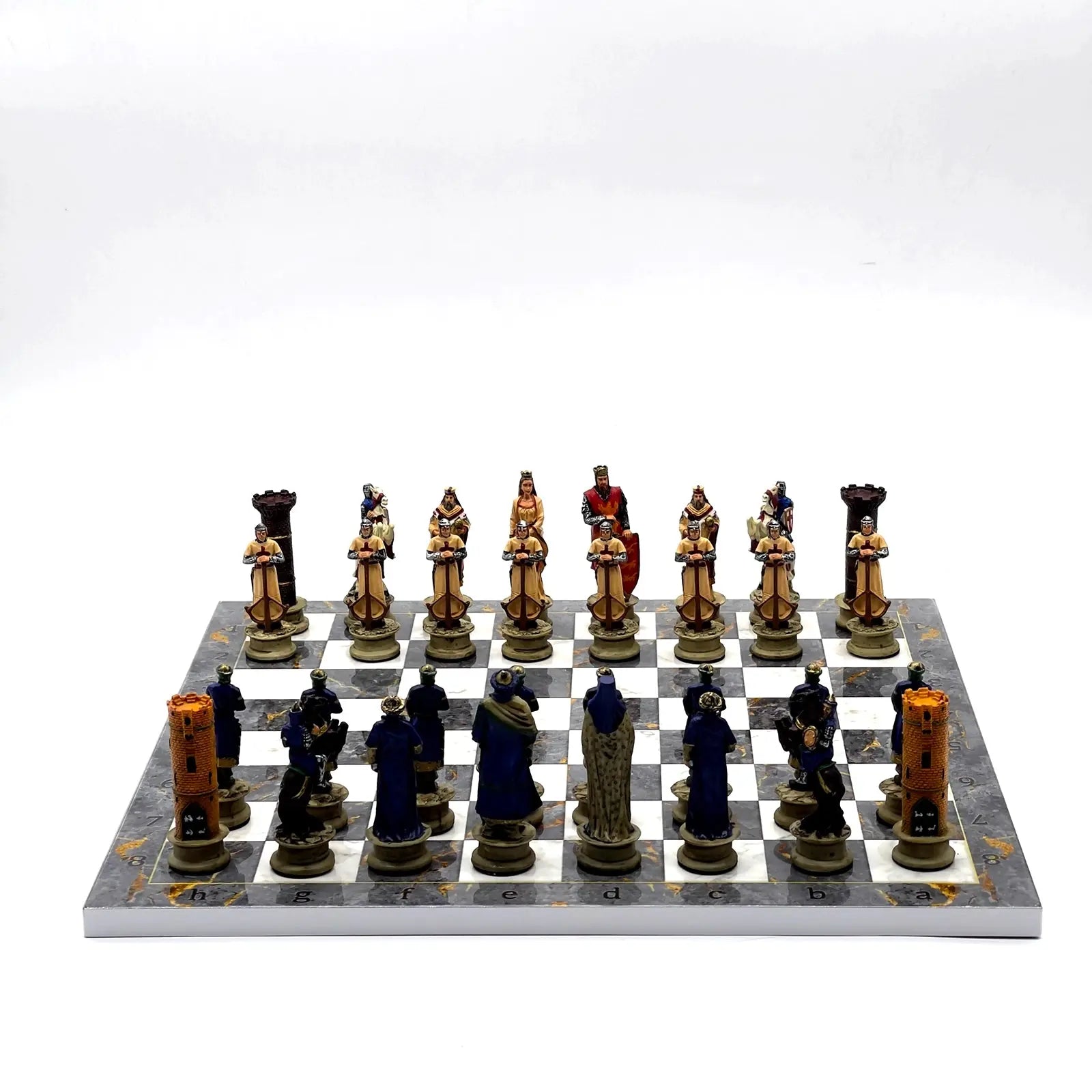 14" Gray Marble Pattern Chess Set With Crusaders Polyester Chess Pieces
