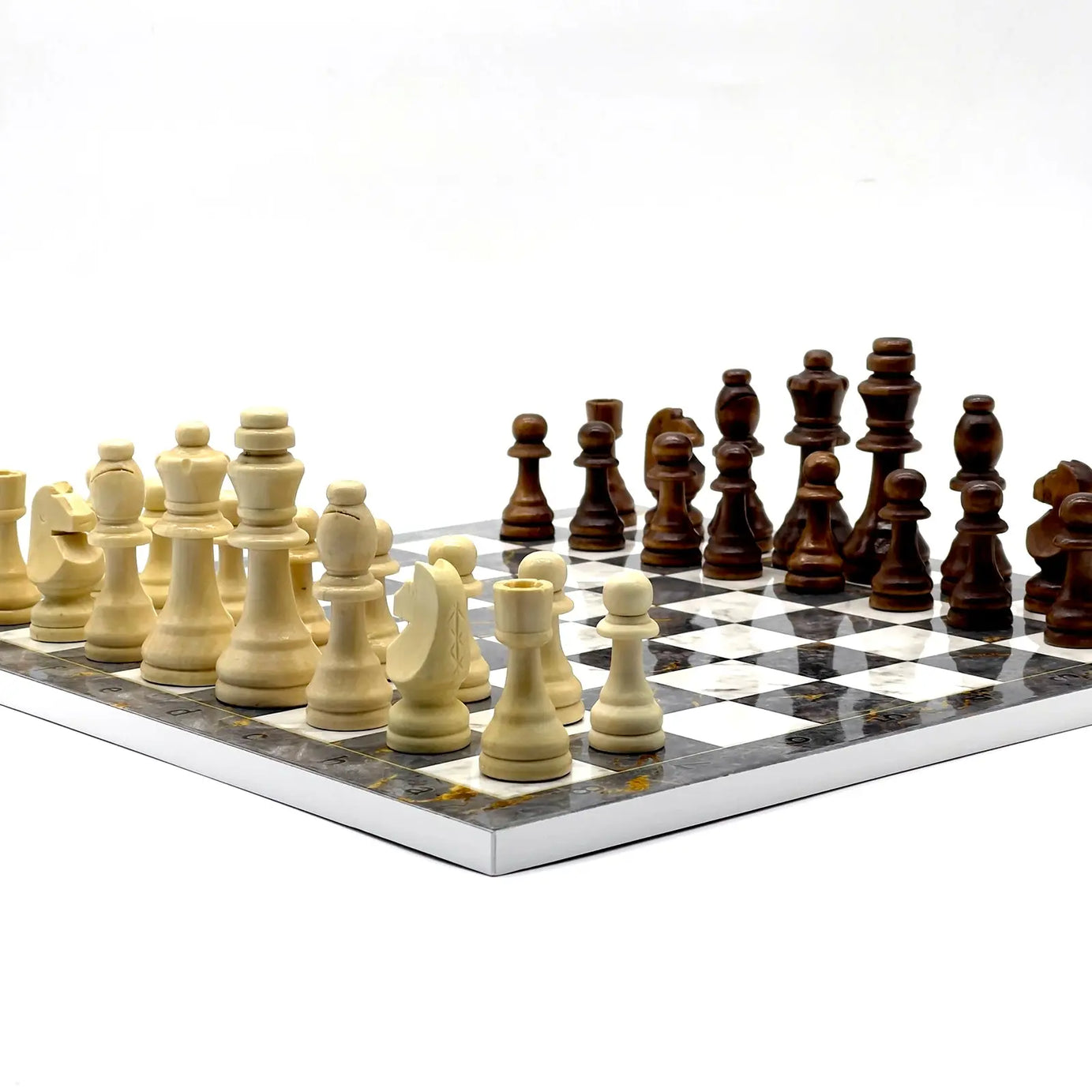 14" Gray Marble Pattern Wooden Set With Wooden Chess Pieces Set