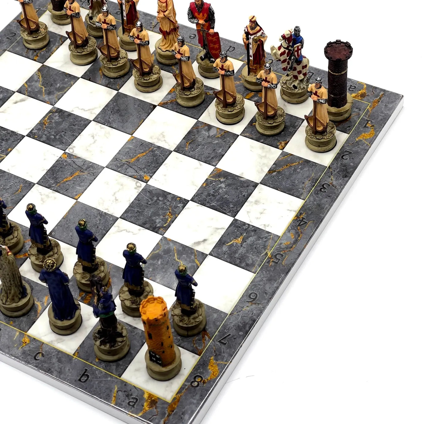 14" Gray Marble Pattern Chess Set With Crusaders Polyester Chess Pieces