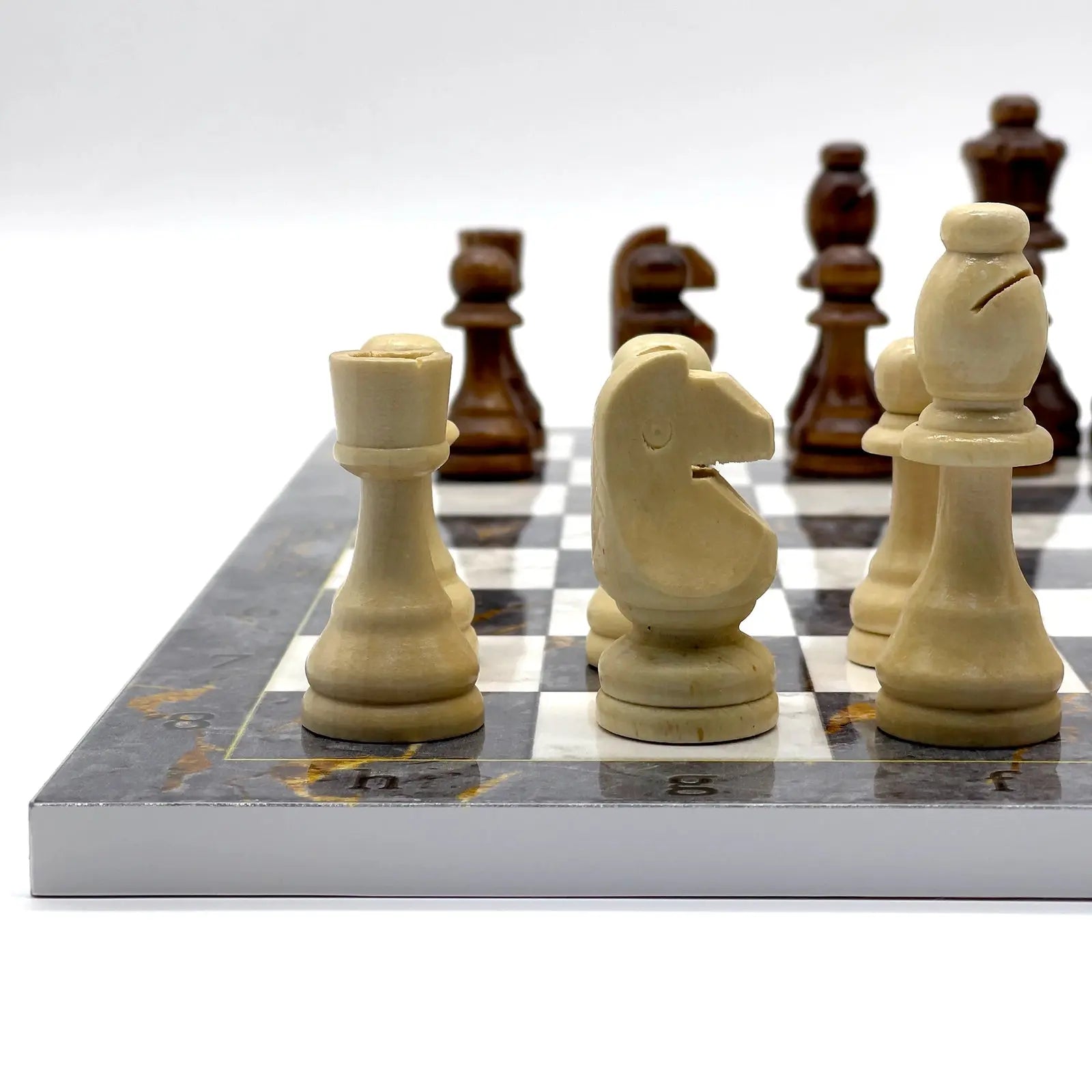 14" Gray Marble Pattern Wooden Set With Wooden Chess Pieces Set