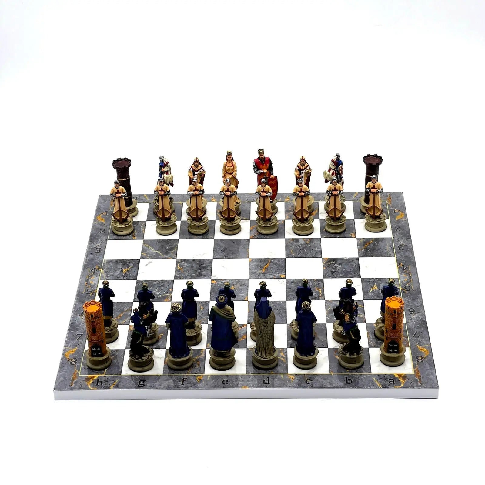 14" Gray Marble Pattern Chess Set With Crusaders Polyester Chess Pieces