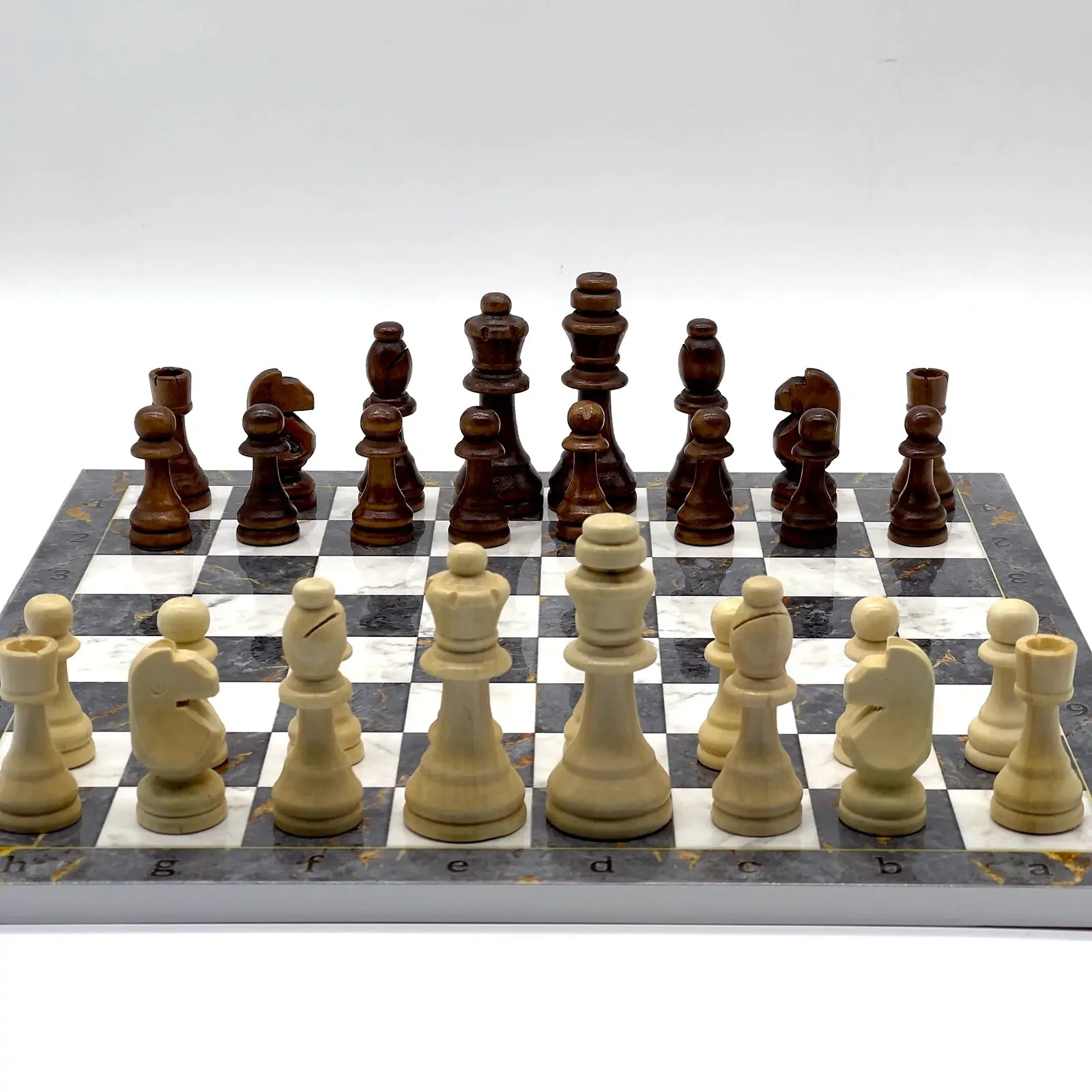 14" Gray Marble Pattern Wooden Set With Wooden Chess Pieces Set