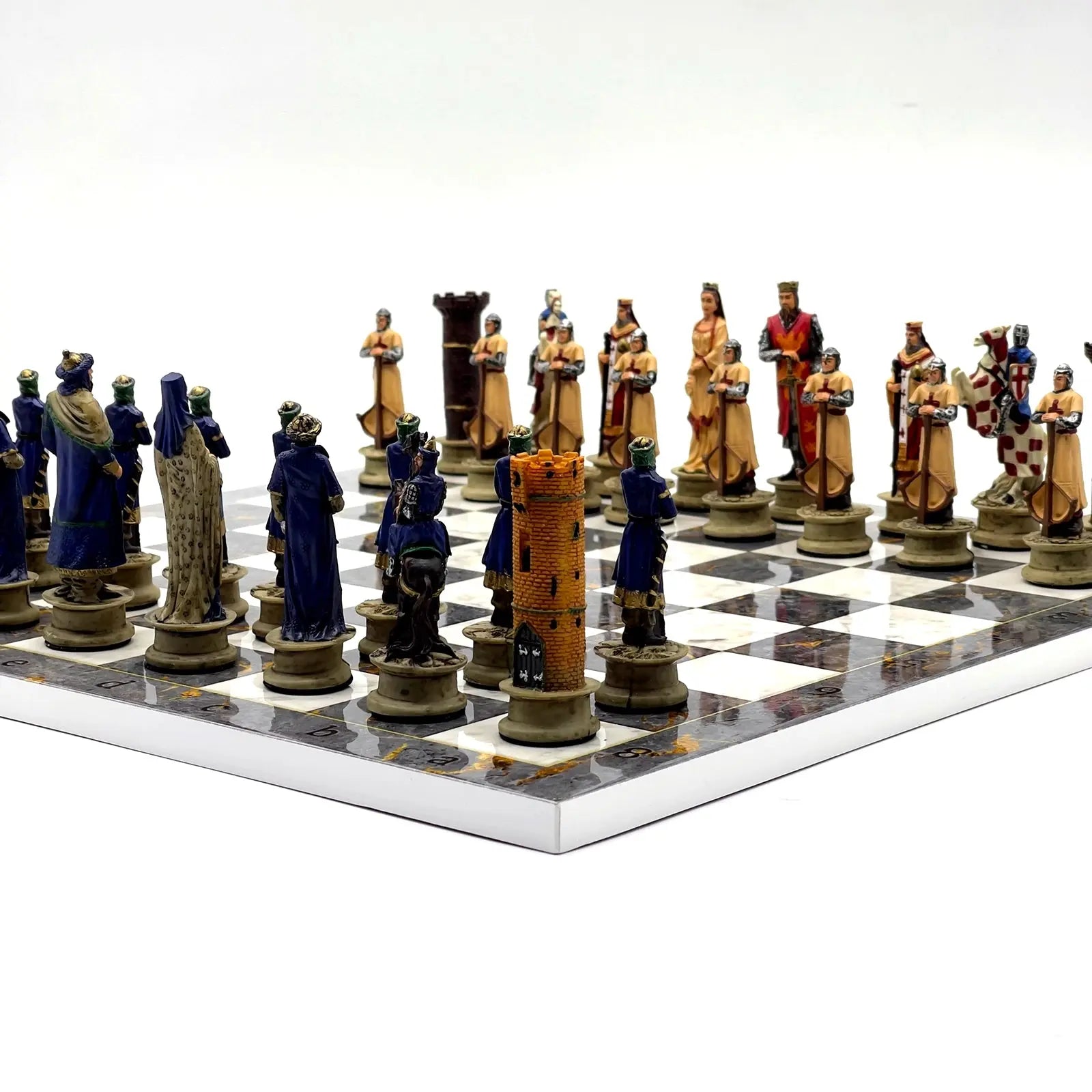 14" Gray Marble Pattern Chess Set With Crusaders Polyester Chess Pieces