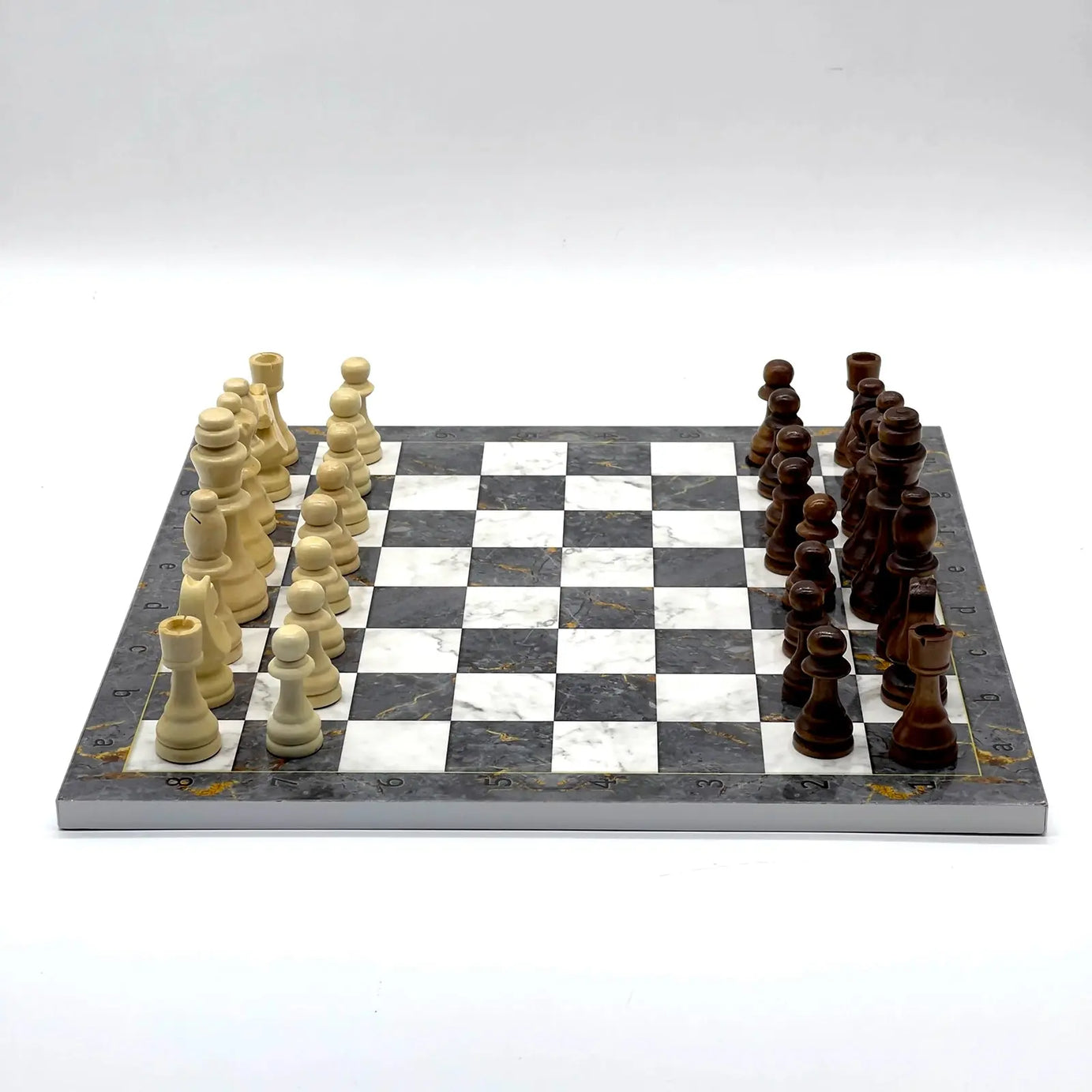 14" Gray Marble Pattern Wooden Set With Wooden Chess Pieces Set