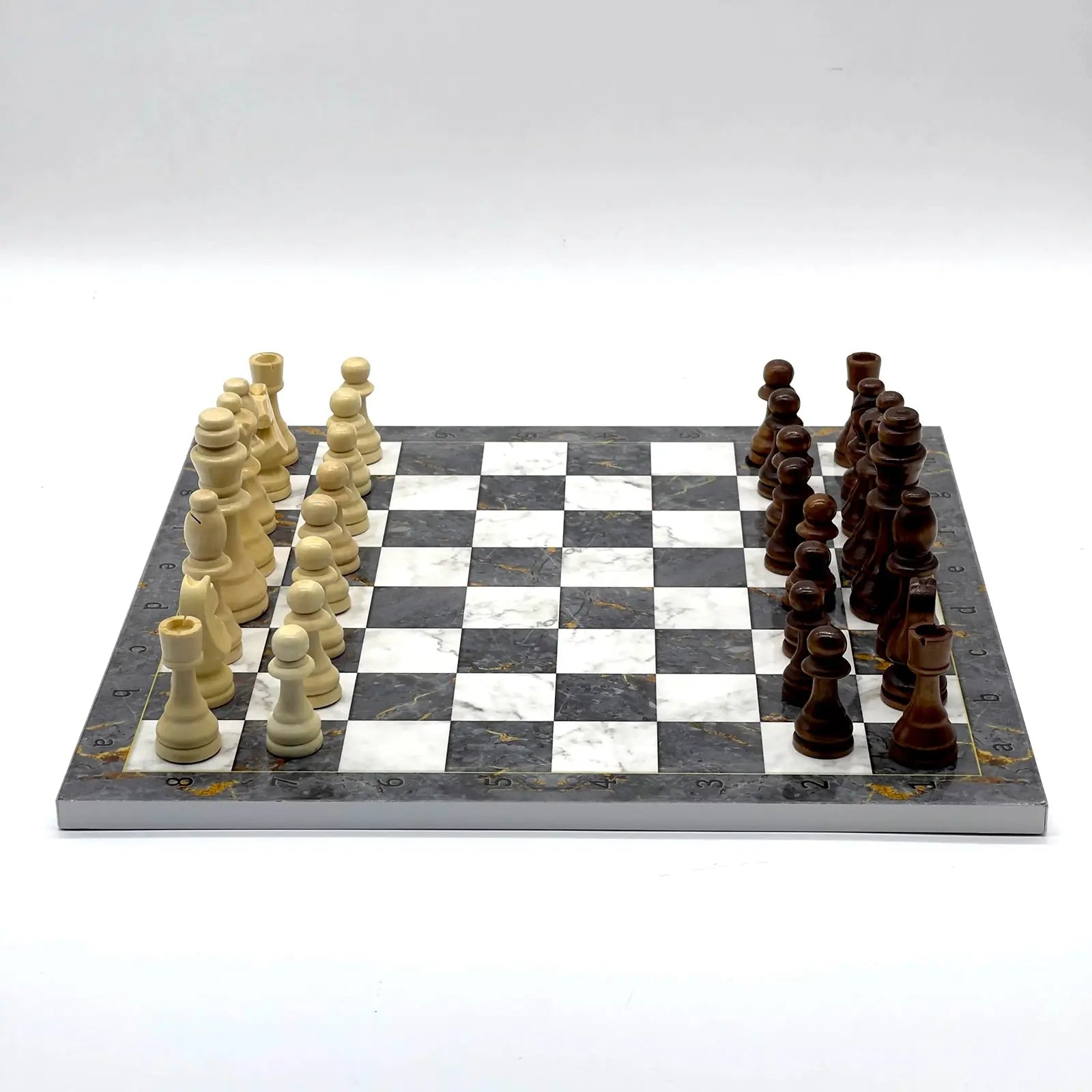 14" Gray Marble Pattern Wooden Set With Wooden Chess Pieces Set