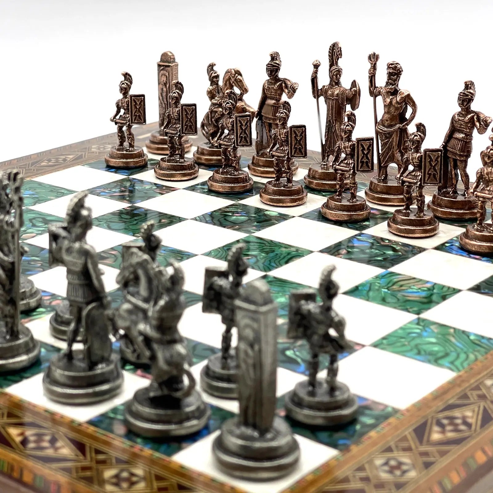 13" Personalized Green Chess Set with Greek Metal Chess Pieces