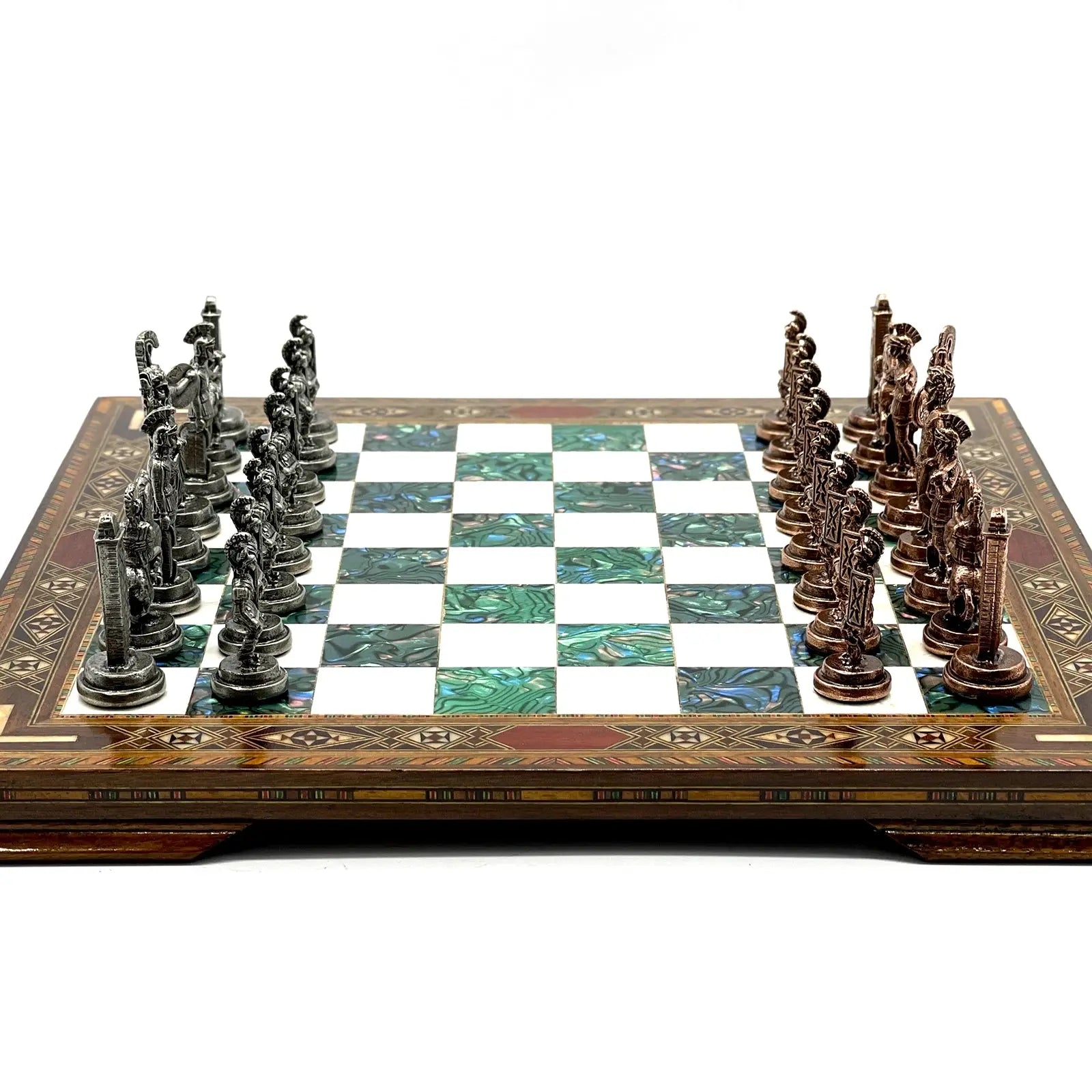 13" Personalized Green Chess Set with Greek Metal Chess Pieces