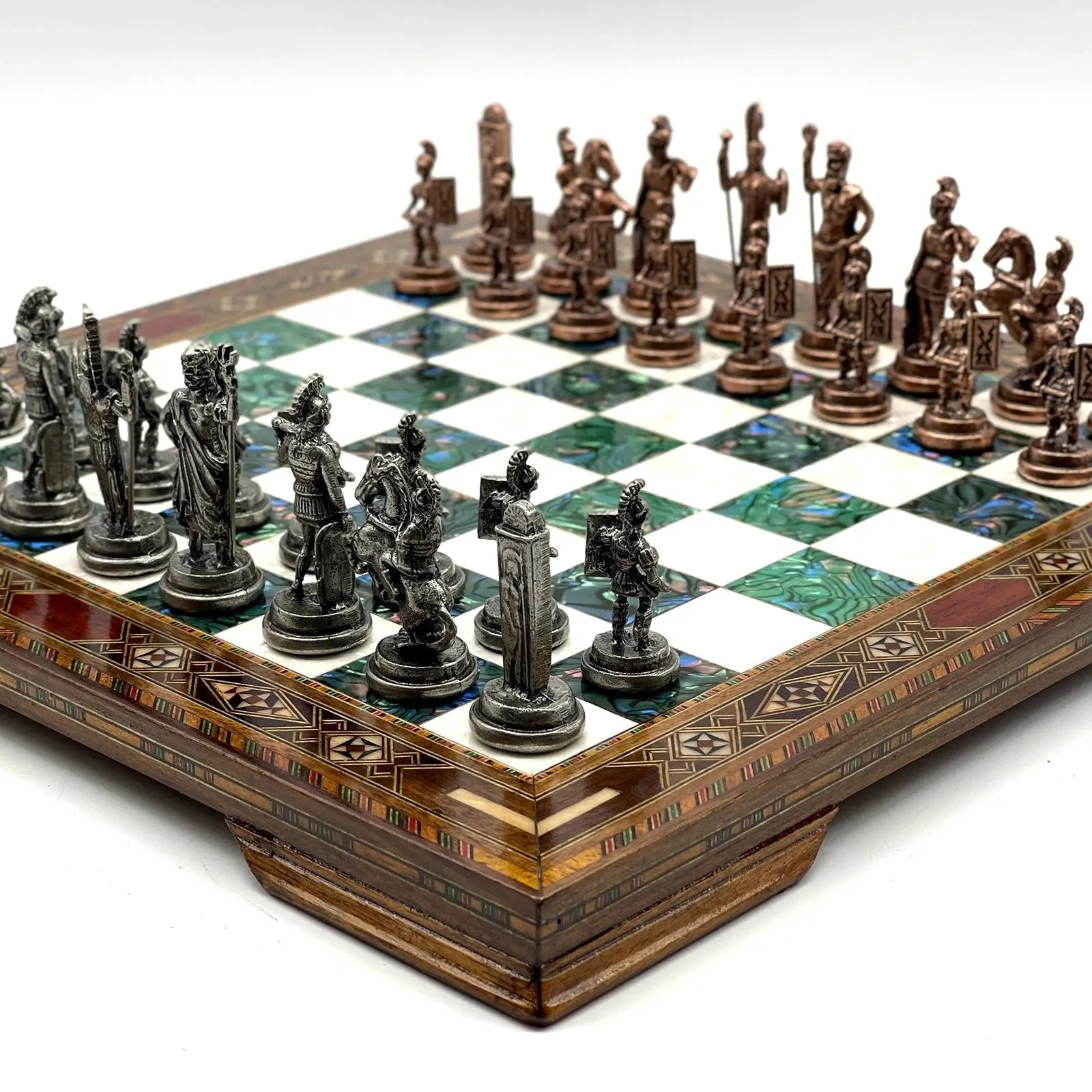 13" Personalized Green Chess Set with Greek Metal Chess Pieces