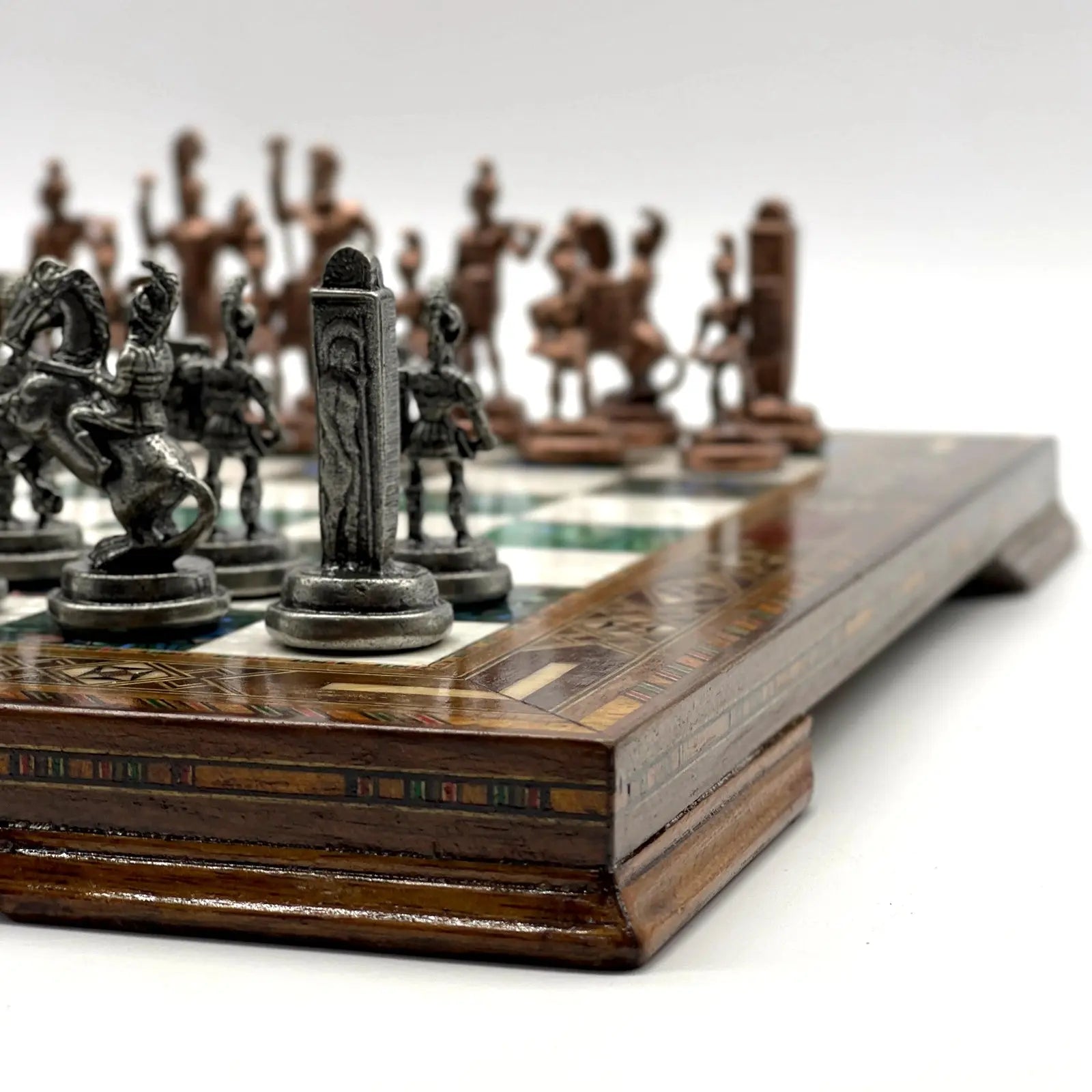 13" Personalized Green Chess Set with Greek Metal Chess Pieces