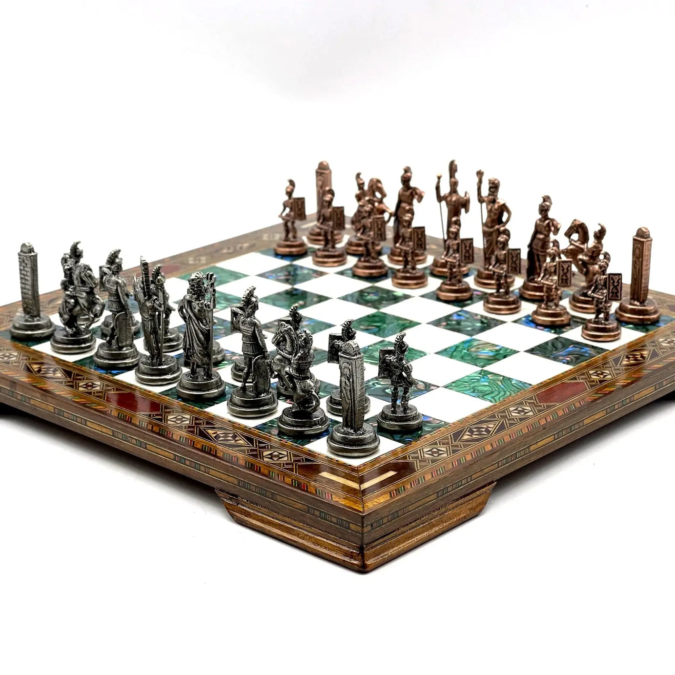 13" Personalized Green Chess Set with Greek Metal Chess Pieces