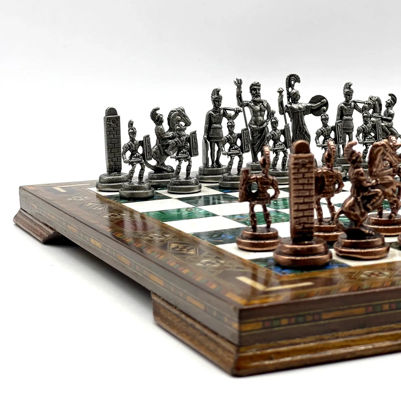 13" Personalized Green Chess Set with Greek Metal Chess Pieces
