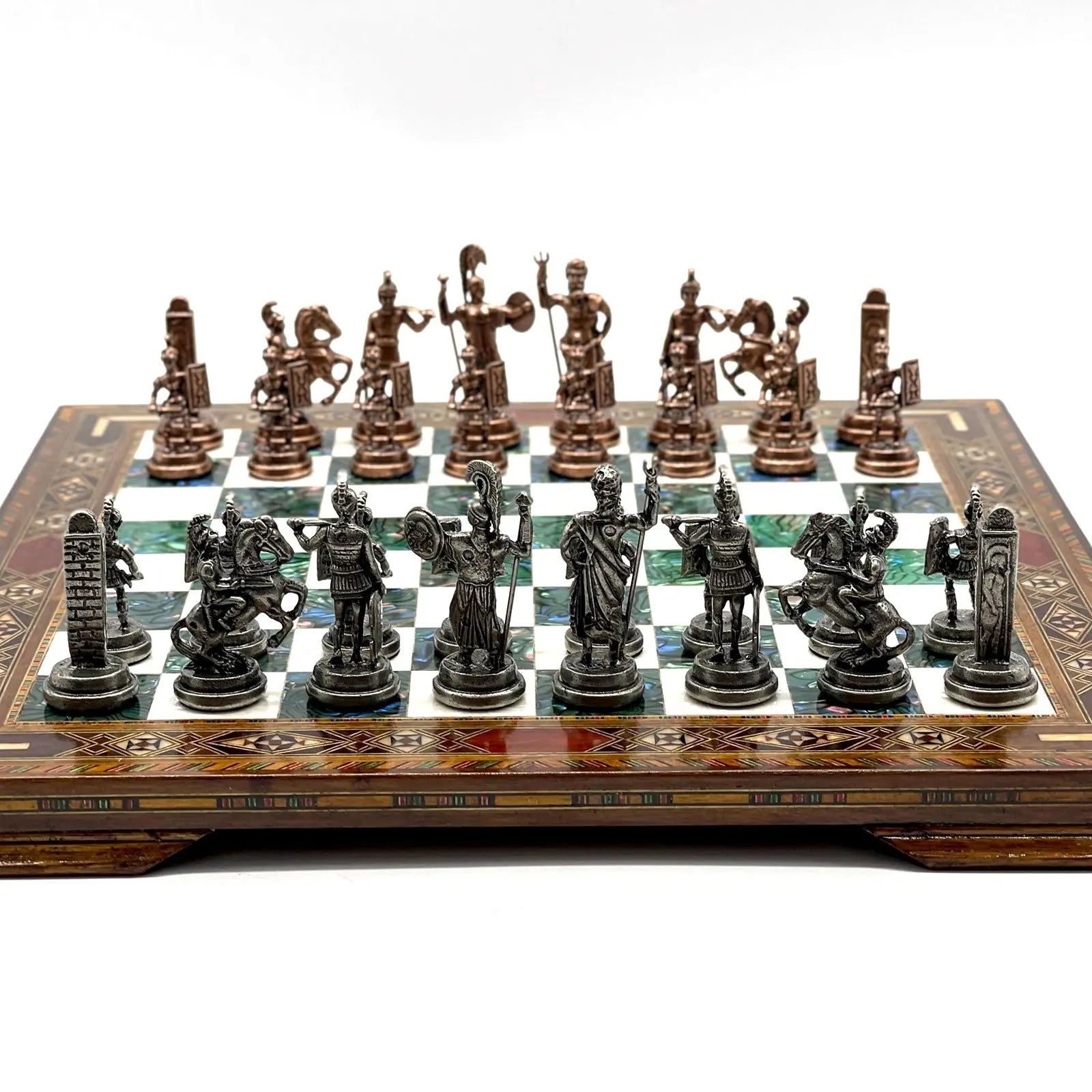 13" Personalized Green Chess Set with Greek Metal Chess Pieces