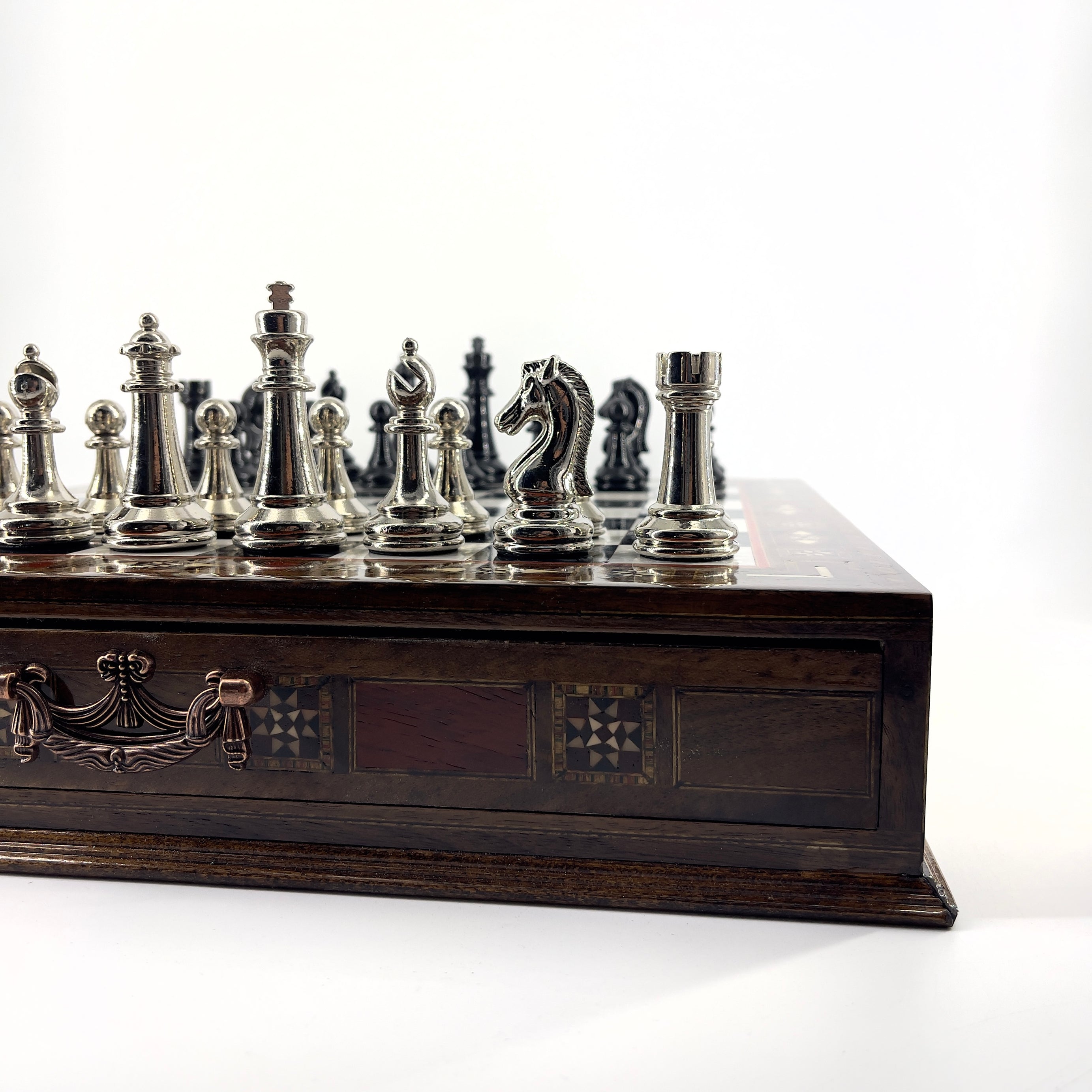 Premium Chess Set with Handmade Wooden Drawers and Black Metal Chess Pieces