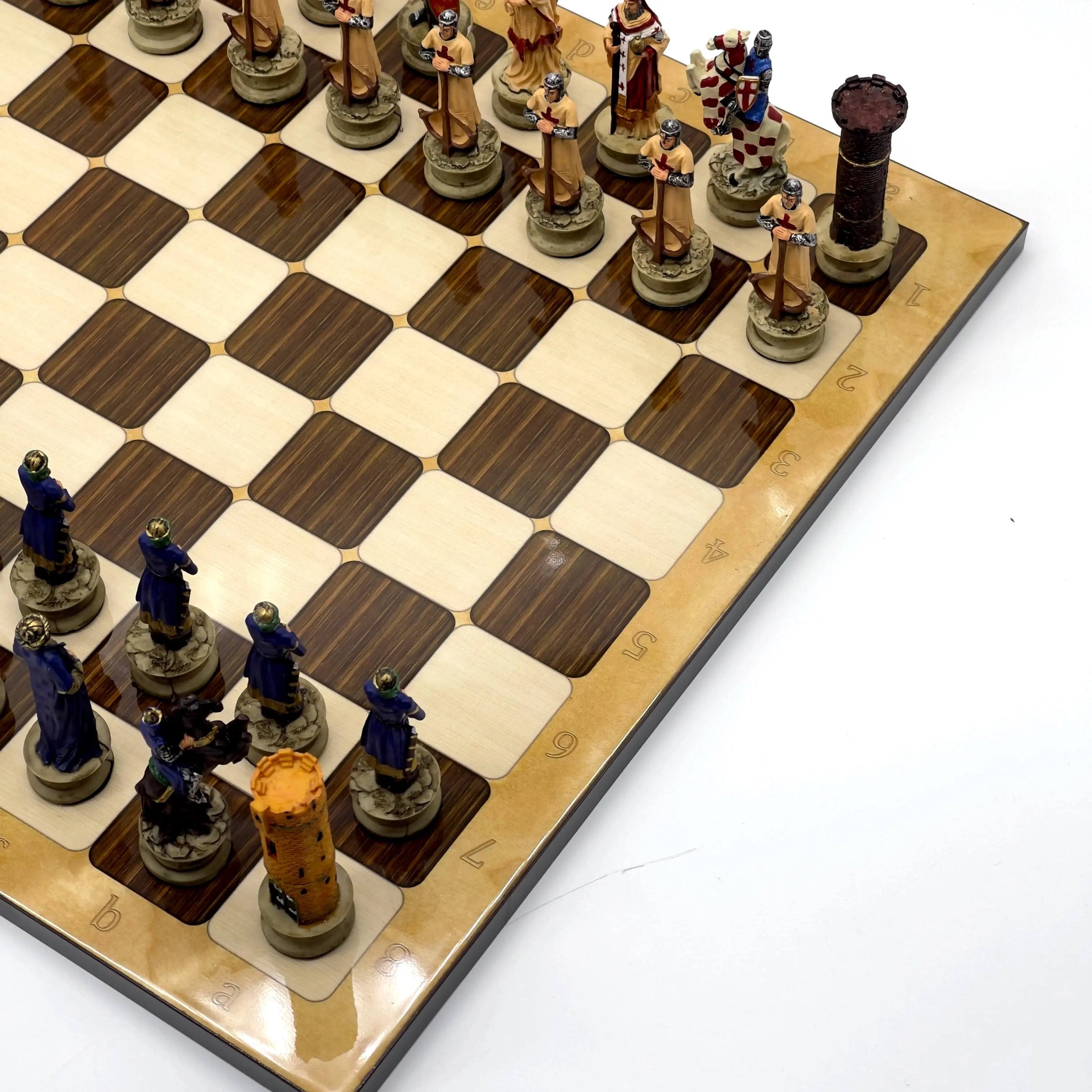 14" Brown Marble Patterned Chess Set with Crusaders Polyester Chess Pieces