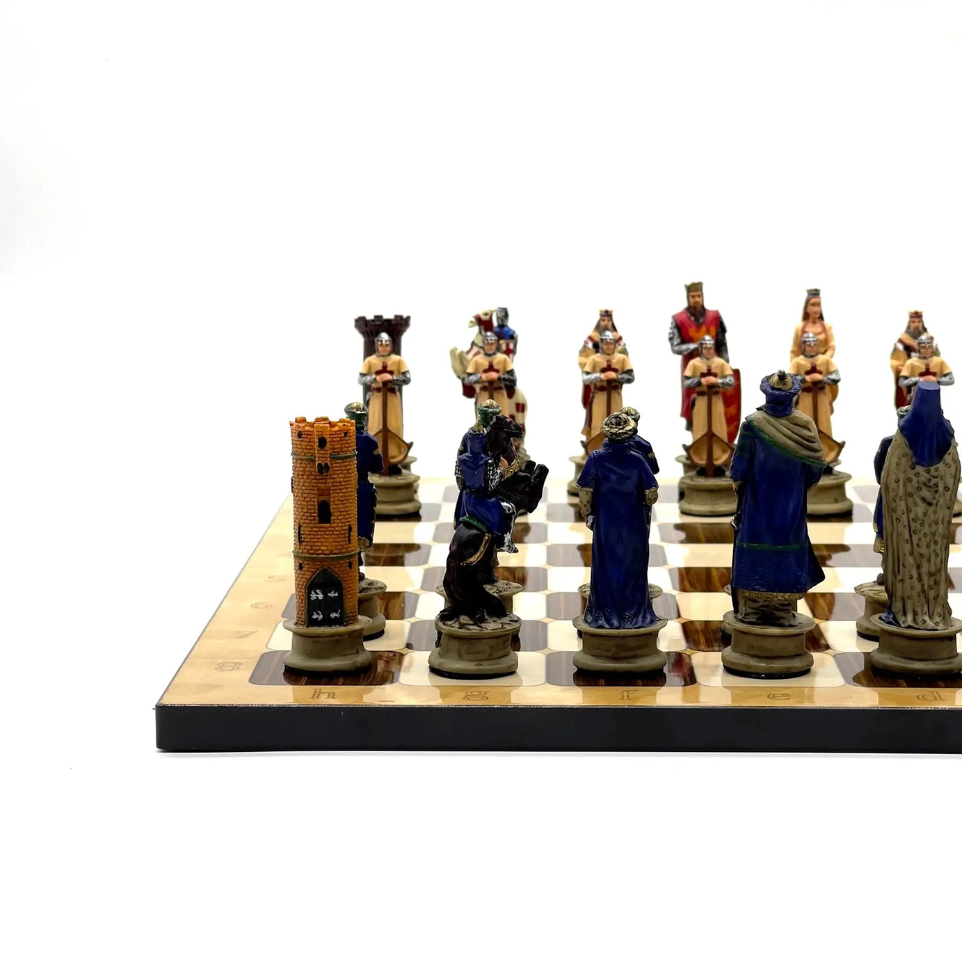 14" Brown Marble Patterned Chess Set with Crusaders Polyester Chess Pieces