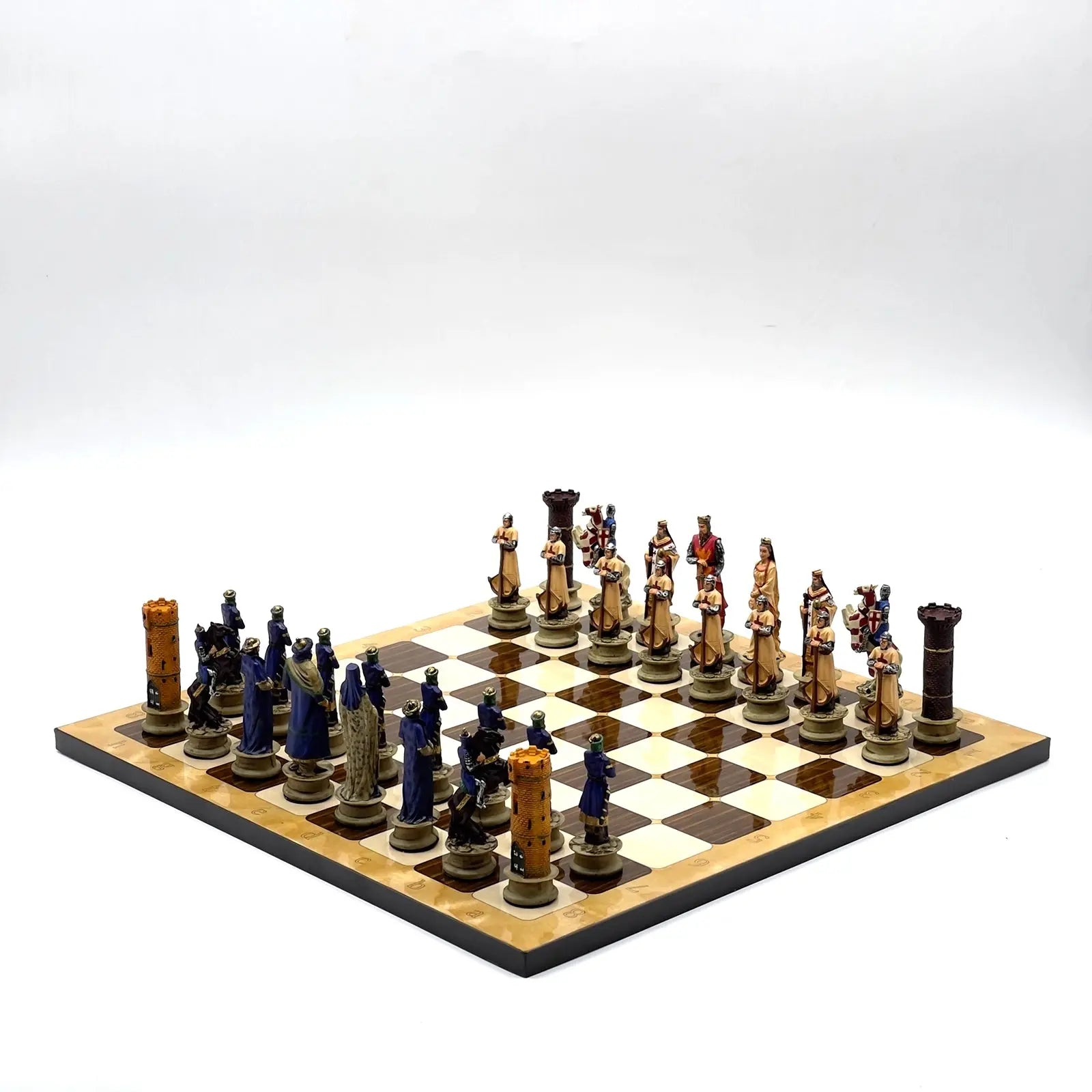 14" Brown Marble Patterned Chess Set with Crusaders Polyester Chess Pieces