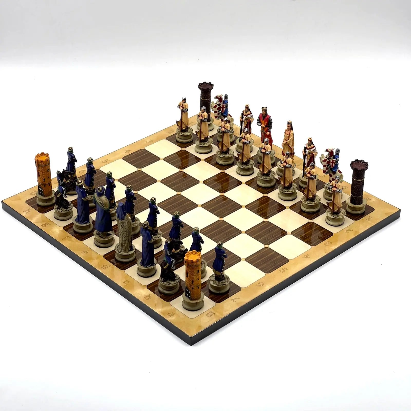 14" Brown Marble Patterned Chess Set with Crusaders Polyester Chess Pieces