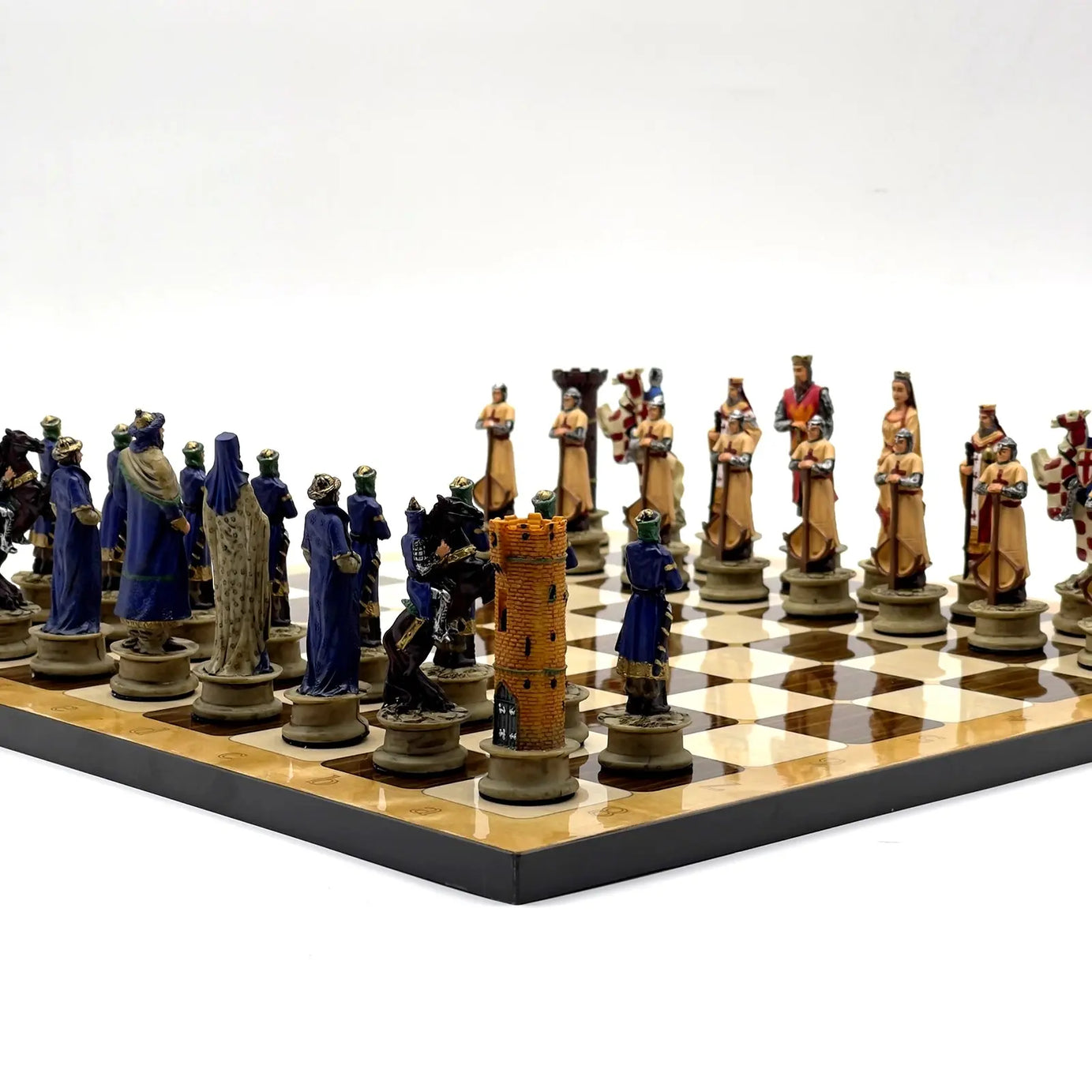 14" Brown Marble Patterned Chess Set with Crusaders Polyester Chess Pieces