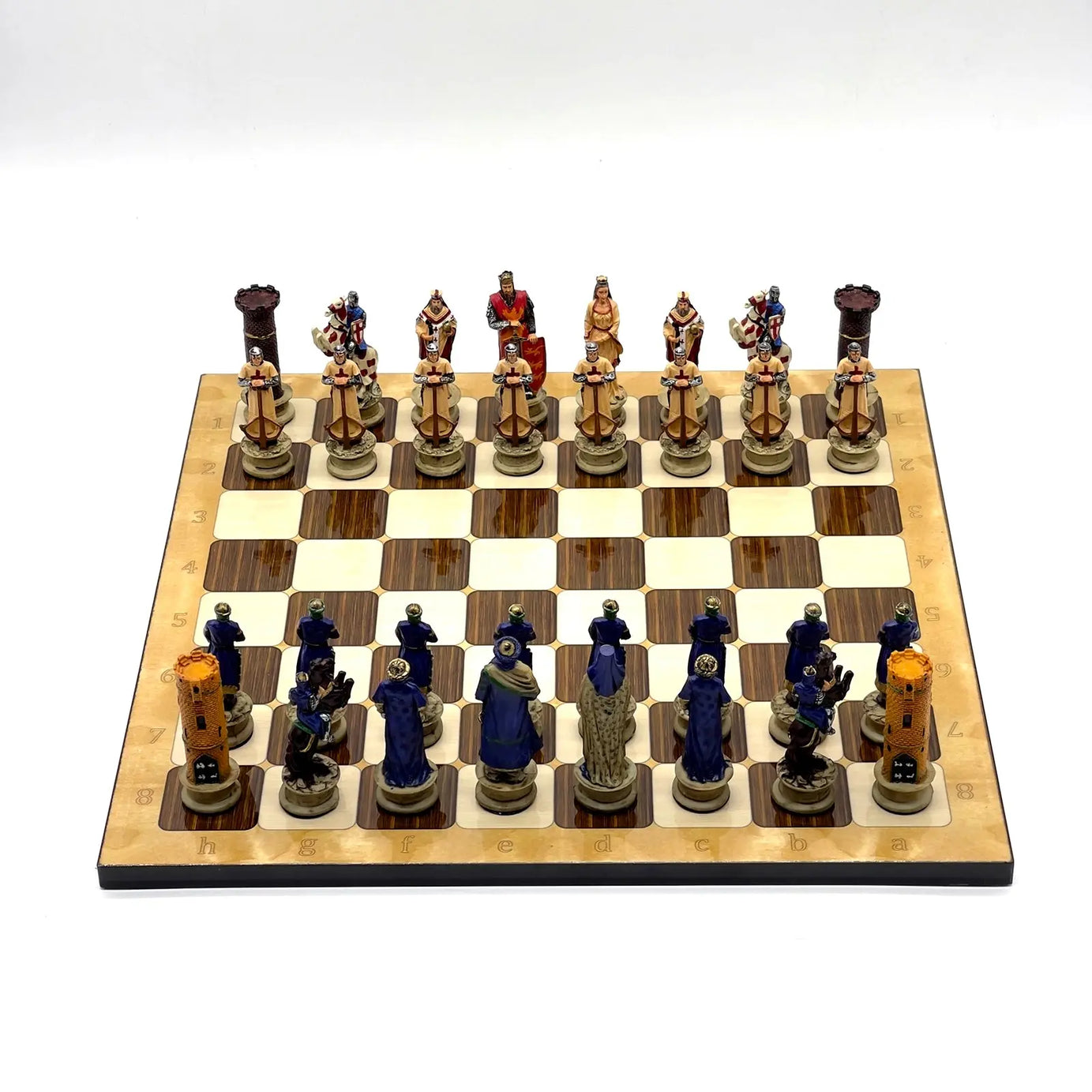 14" Brown Marble Patterned Chess Set with Crusaders Polyester Chess Pieces