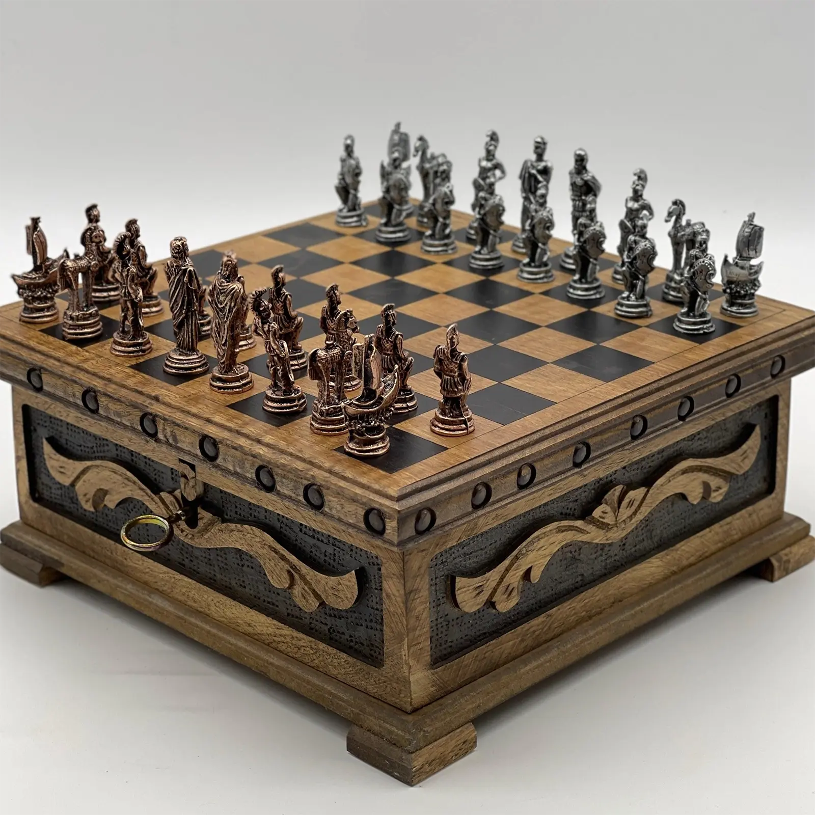 10" Personalized Wooden Chess Box with Hidden Compartment, Romans Metal Chess Pieces