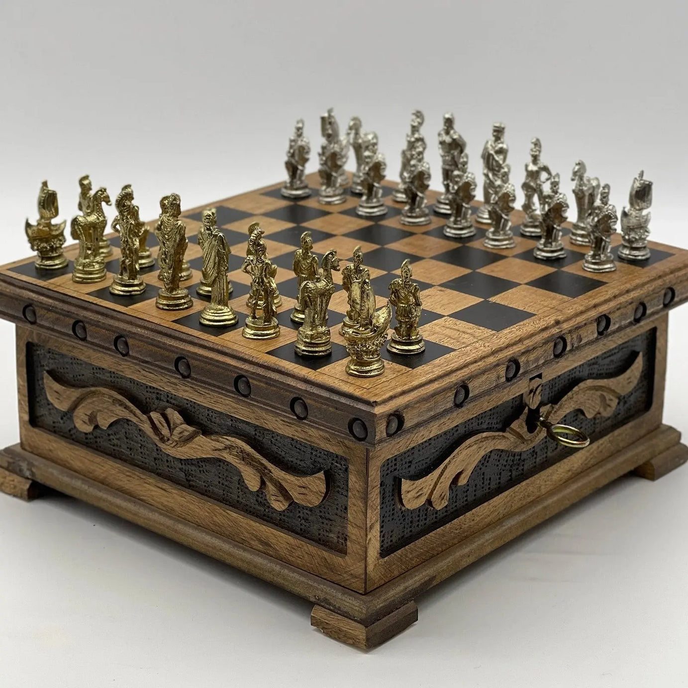 10" Personalized Wooden Chess Box with Hidden Compartment, Romans Metal Chess Pieces