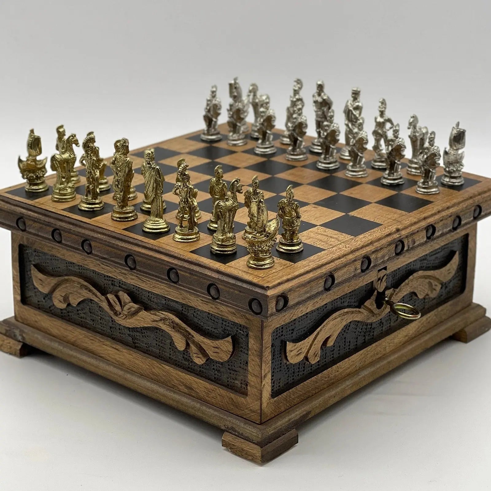10" Personalized Wooden Chess Box with Hidden Compartment, Romans Metal Chess Pieces