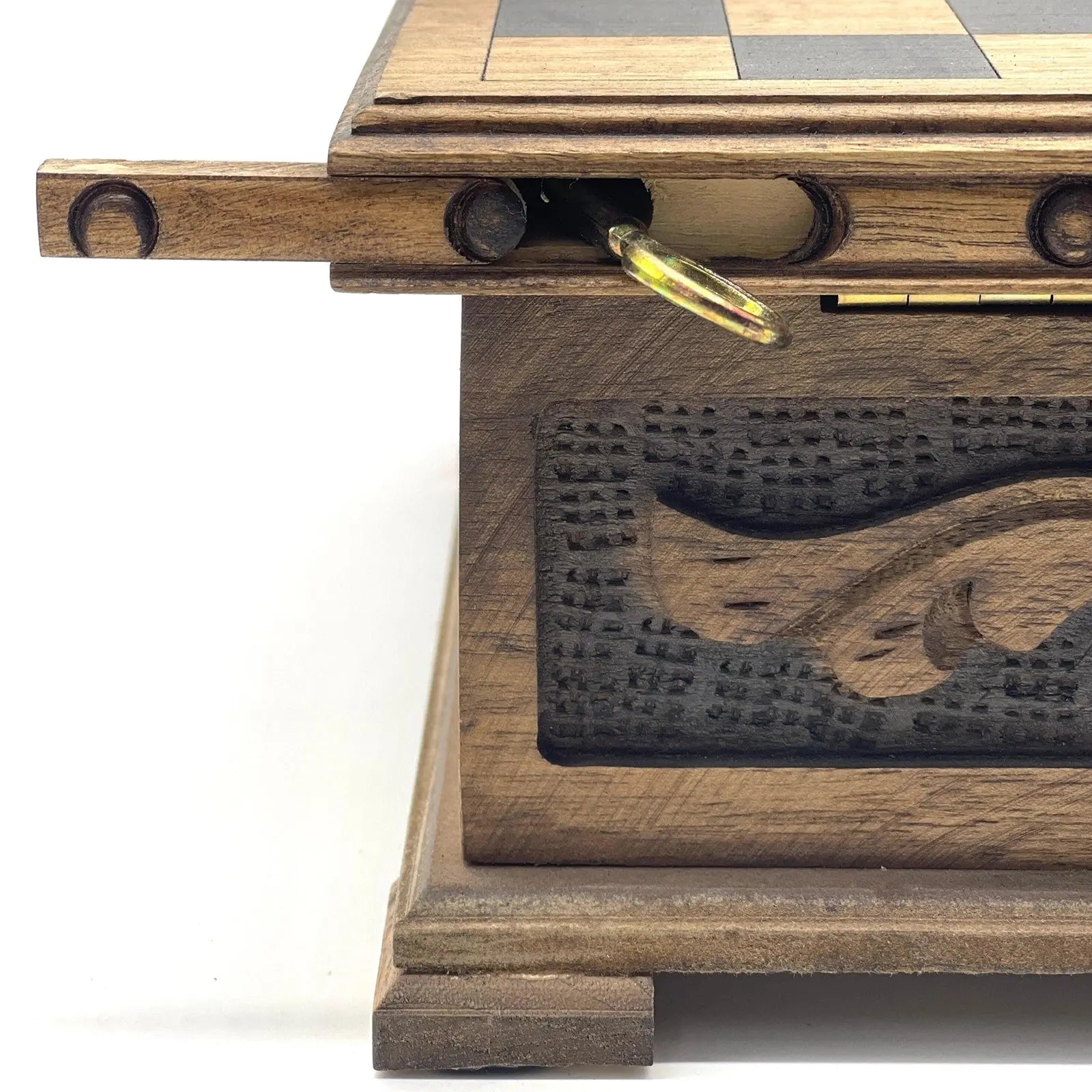 10" Personalized Wooden Chess Box with Hidden Compartment, Romans Metal Chess Pieces