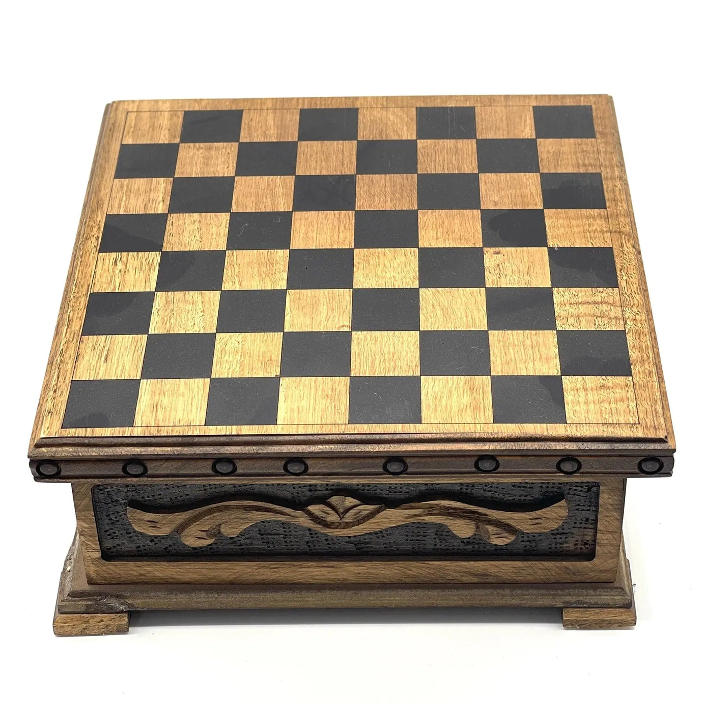 10" Personalized Wooden Chess Box with Hidden Compartment, Romans Metal Chess Pieces