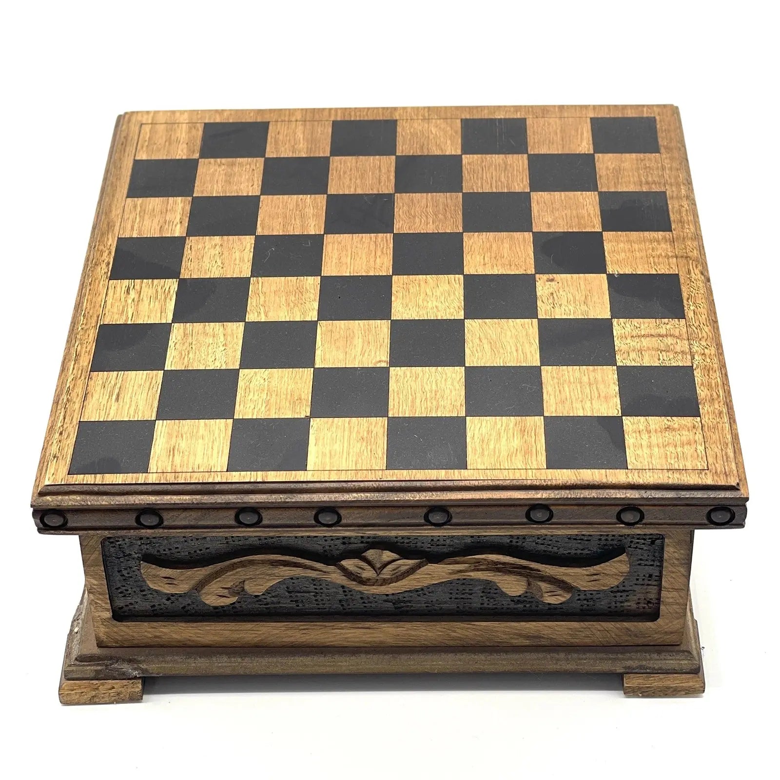 10" Personalized Wooden Chess Box with Hidden Compartment, Romans Metal Chess Pieces