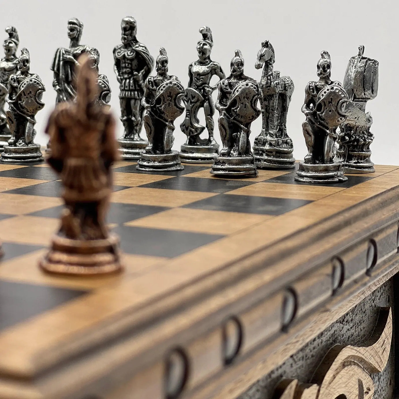 10" Personalized Wooden Chess Box with Hidden Compartment, Romans Metal Chess Pieces