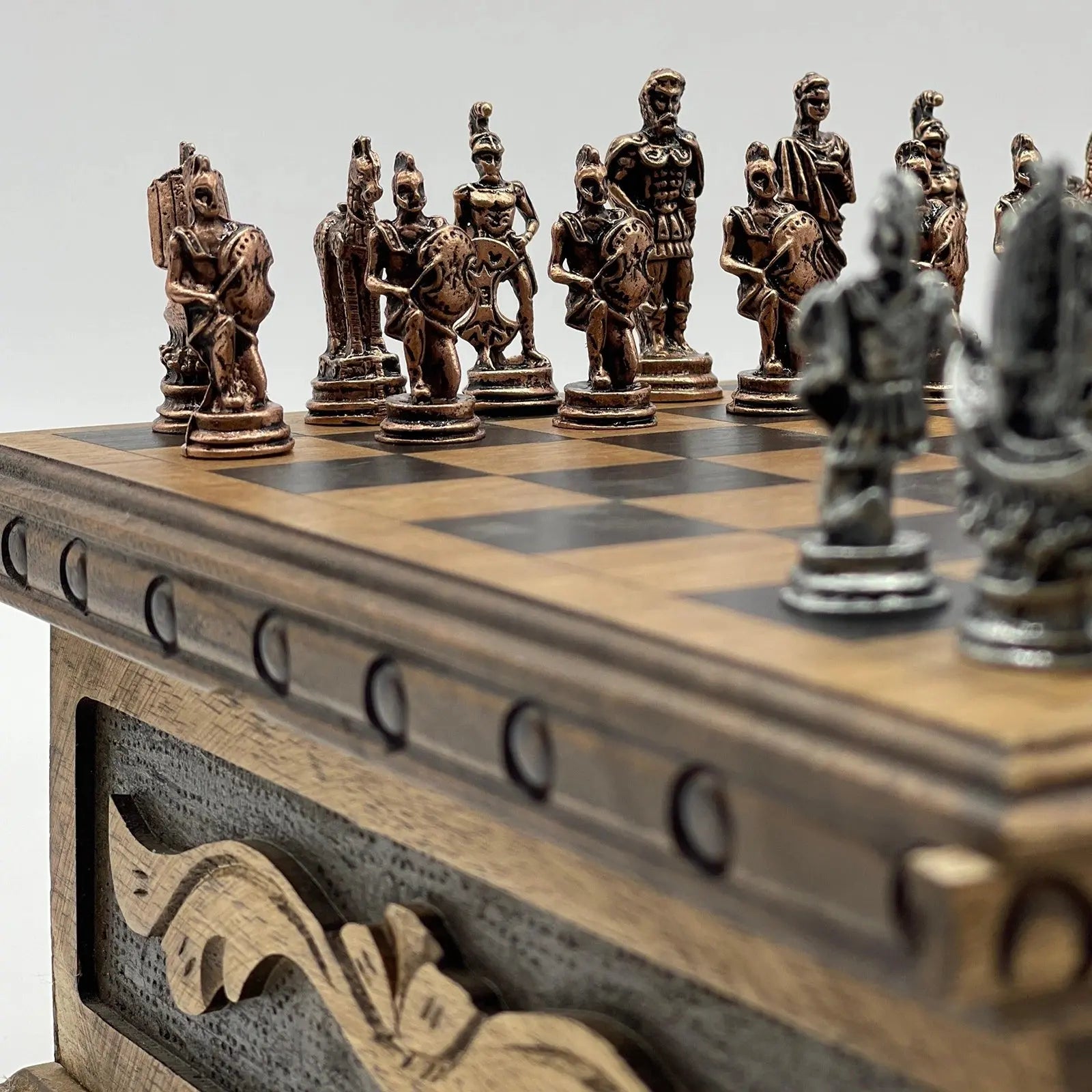 10" Personalized Wooden Chess Box with Hidden Compartment, Romans Metal Chess Pieces