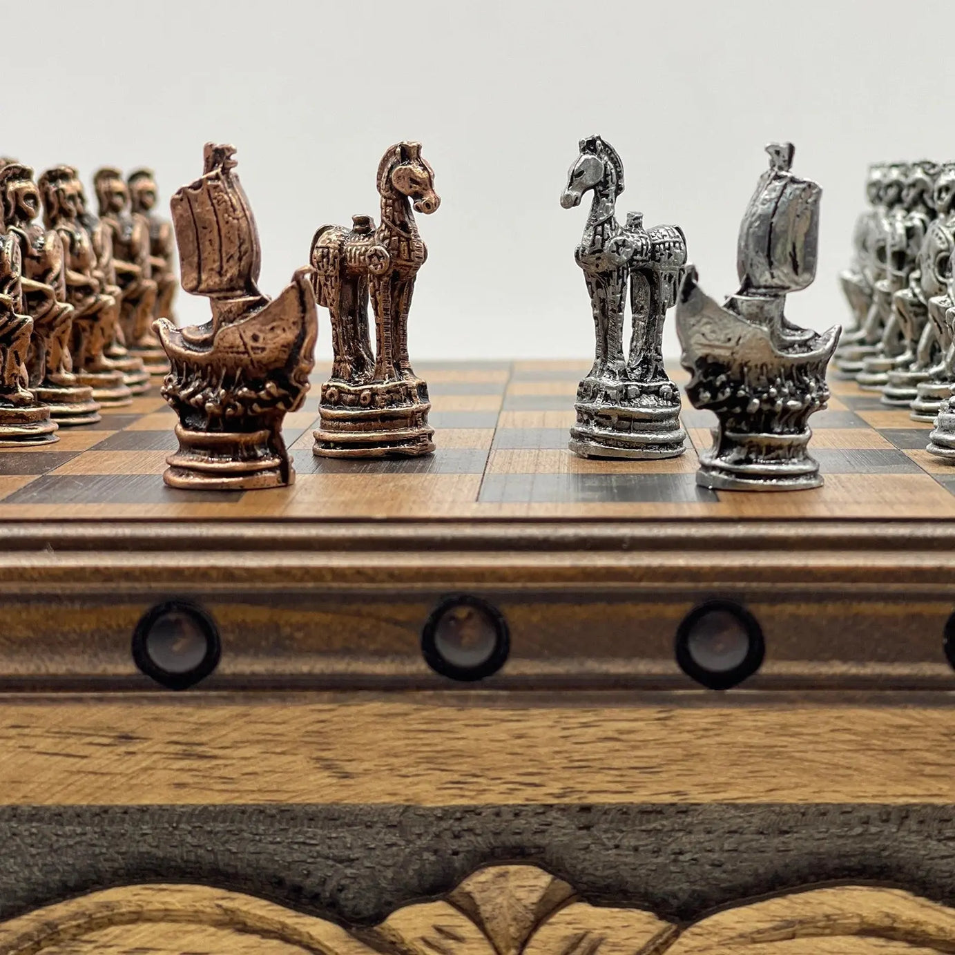 10" Personalized Wooden Chess Box with Hidden Compartment, Romans Metal Chess Pieces