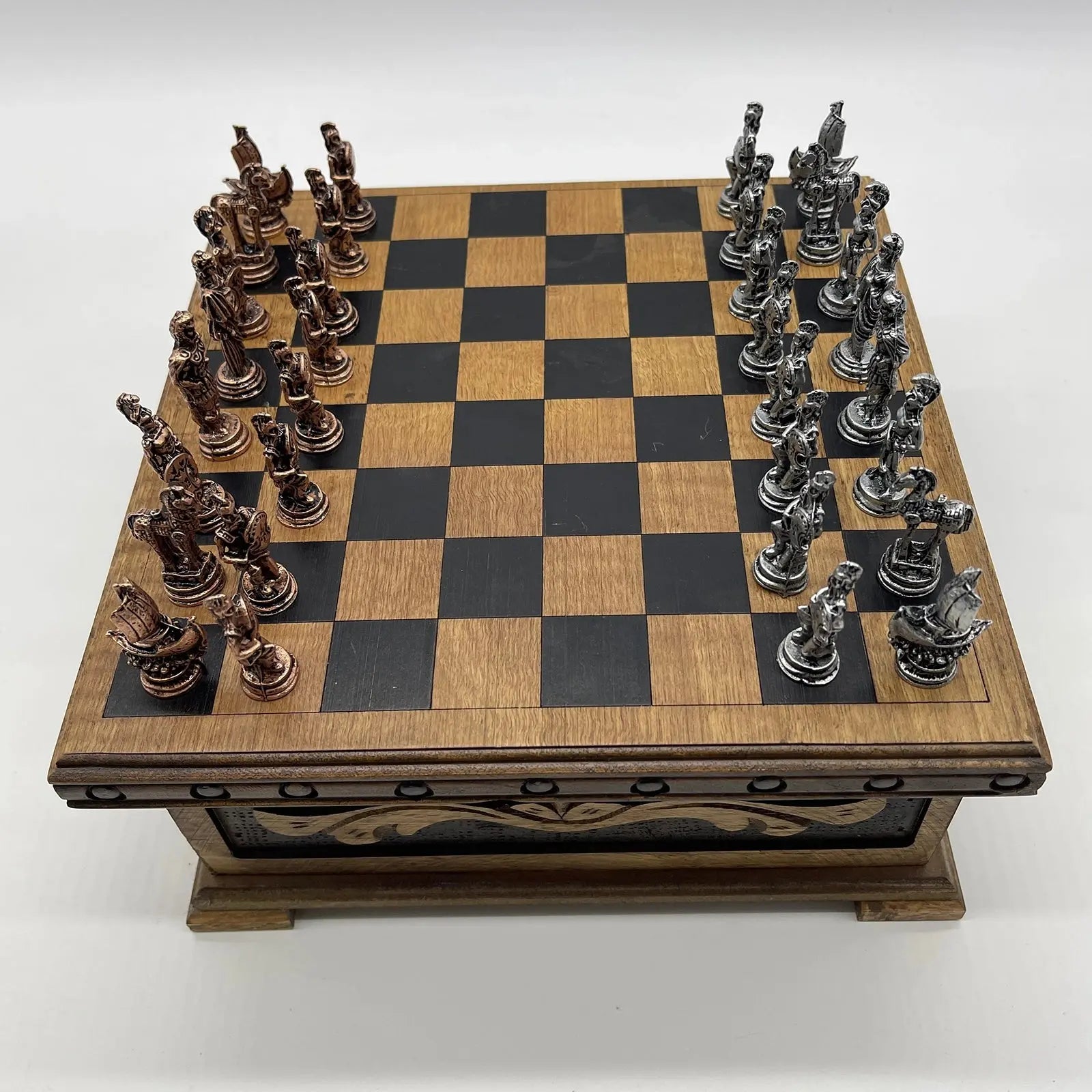 10" Personalized Wooden Chess Box with Hidden Compartment, Romans Metal Chess Pieces