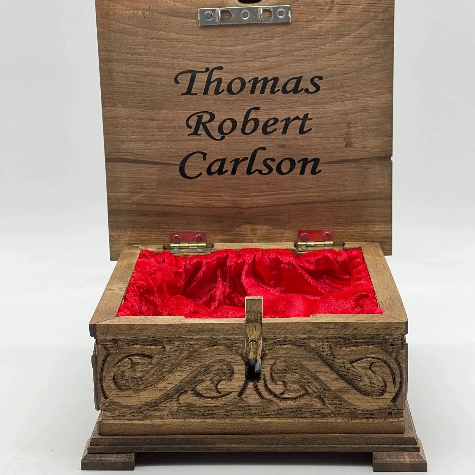 10" Personalized Wooden Chess Box with Hidden Compartment, Romans Metal Chess Pieces