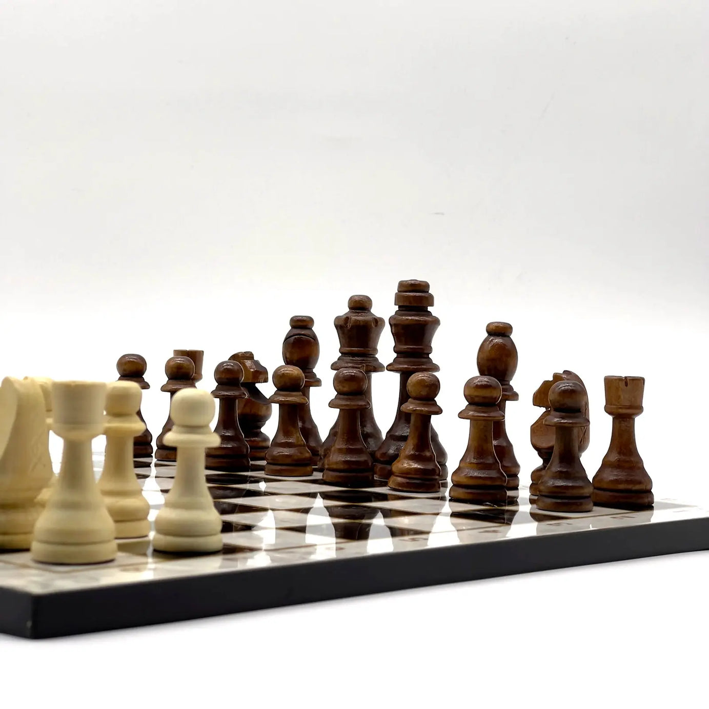14" Black-White Marble Patterned Wooden Set with Wooden Chess Pieces