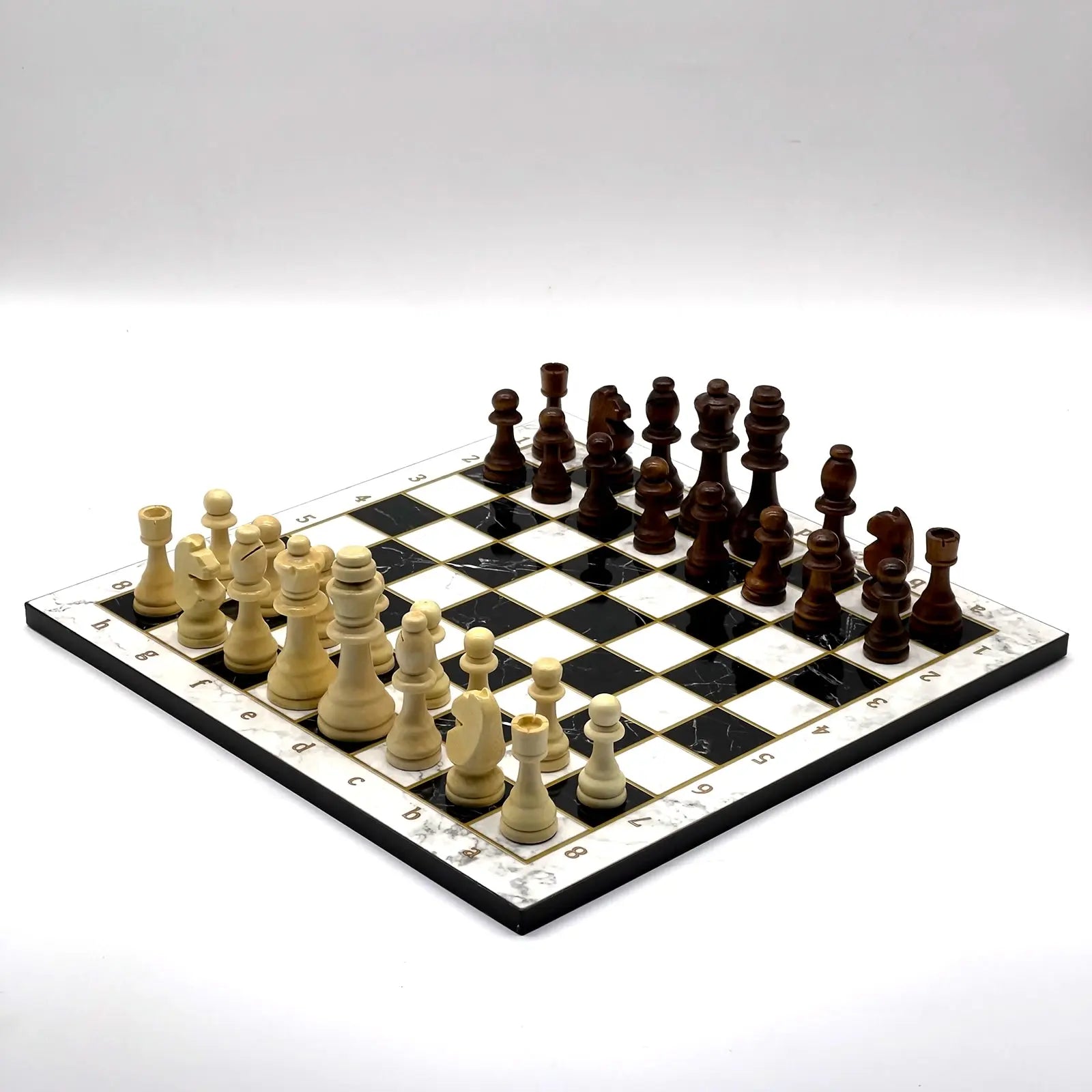 14" Black-White Marble Patterned Wooden Set with Wooden Chess Pieces