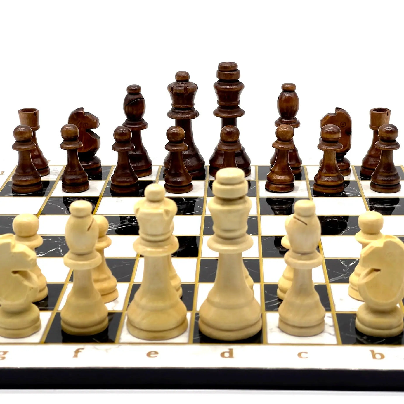 14" Black-White Marble Patterned Wooden Set with Wooden Chess Pieces